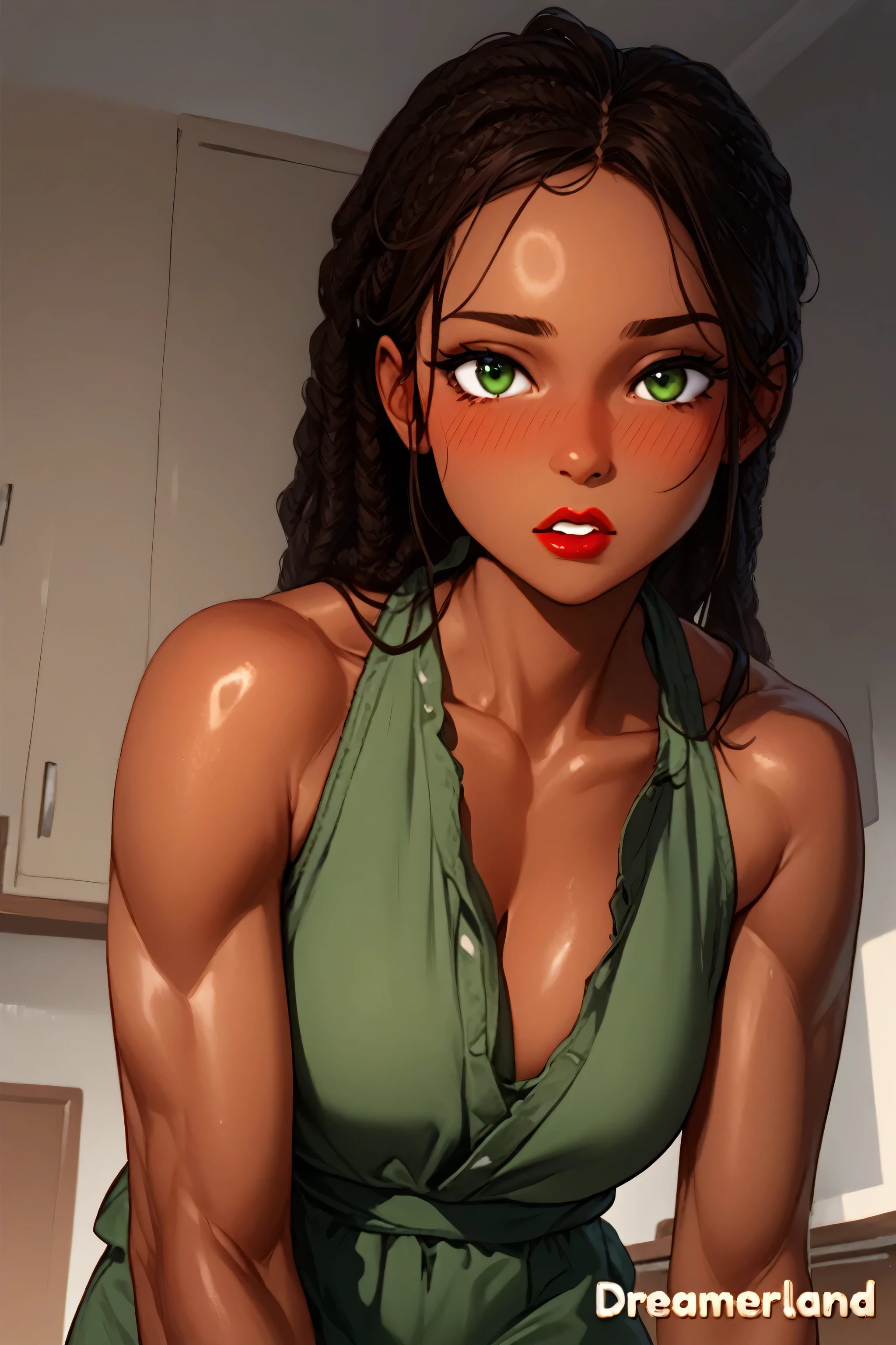 1girl, full body, muscles, green eyes, bright red lips, blush, female african, colored skin, brown skin