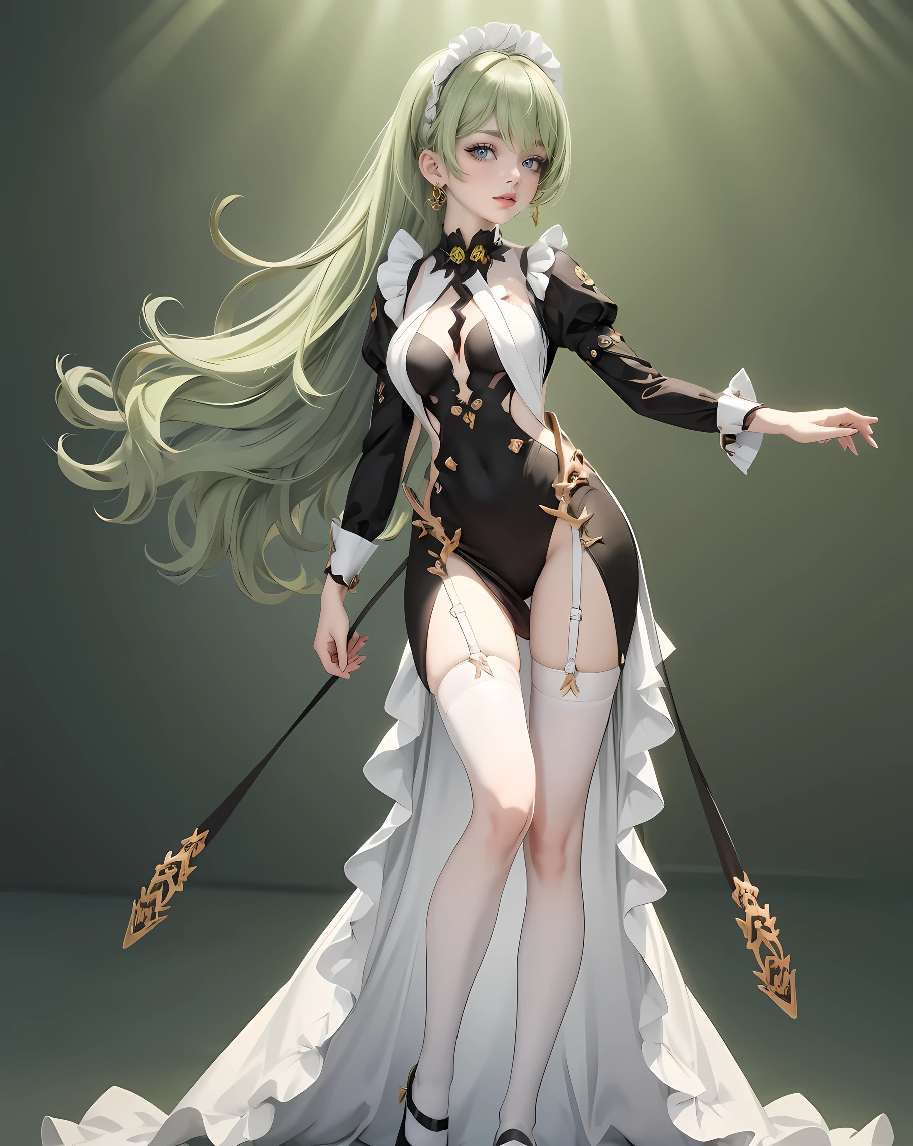 1girl, green hair, harness, black dress, chinese maid design, solo, ponytail, symmetrical gloves, high socks, puffed socks, harness, chinese maid dress, puffed dress skirt, v neckline, garter on the legs, standing up, white apron, maid dress, puffed sleeves, puffed arms dress, chinese maid, chinese aesthetic, thigh gap, harness, very long hair, solid background, chinese maid uniform, full body, too many frills in her dress, magical girl, perfect anatomy, gold jewelry, harness, jewelry, Cute pose, beautiful ponytail, tassel, glow eyes, long hair with long waves hair and bangs, high thigh, frills, harness, chinese maid uniform, chinese maid dress, white apron, garter on the legs, gold jewelry, solid background, standing up, blushing, maid headdress, chinese maid dress with too many frills, Chinese aesthetic, puffed skirt, harness, centered girls, full body, glowing hair, magical girl, more details on her clothes, golden details on her dress, harness
