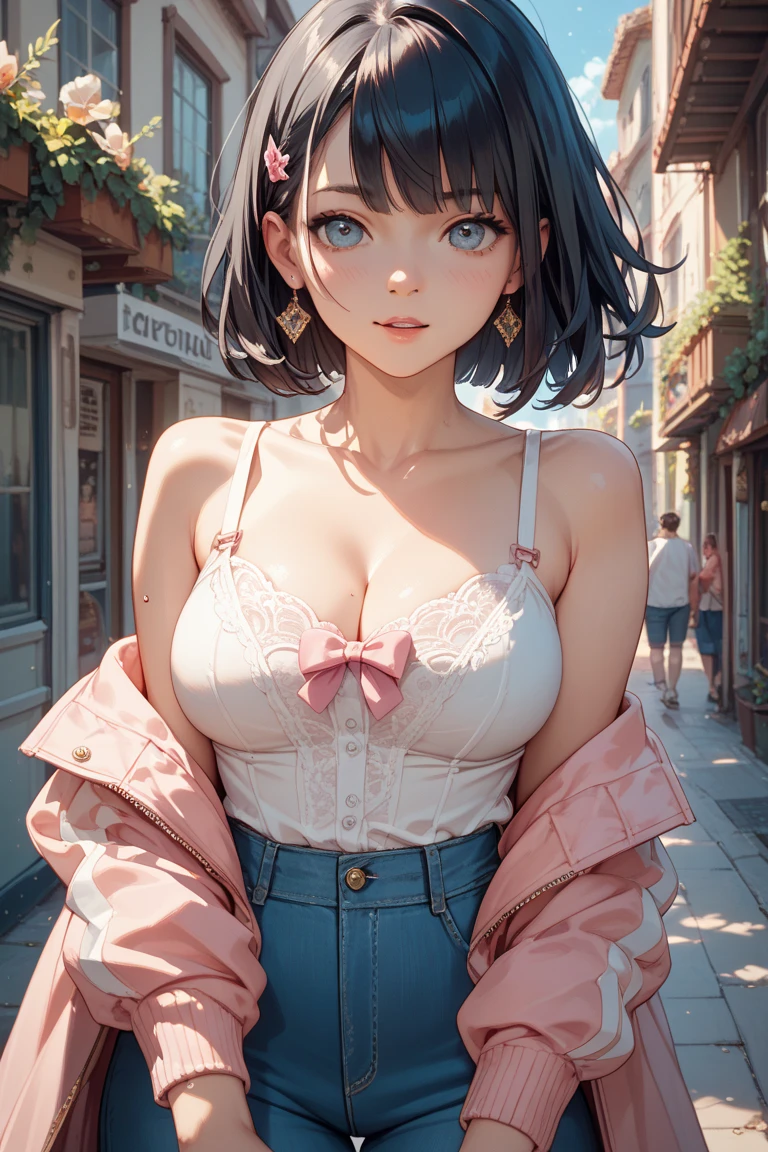 Anime Kawaii sexy Perfect Slim sensual body large breast and huge thighs, An intricate and highly detailed illustration of anime (Young girl)  (work of art, best qualityer, ultra detali, high resolution, 4K),(beautiful detailed eyes),(very highly detailed face),(1 girl),HDR,long hair, shorts, phone, eyes browns, chestnut hair, cellphone, bracelet, regatta, jewerly, to attend, lips, focus only, glaze, blurry background, ssmile, wristto attend, realisitic, blurry, gazing at viewer