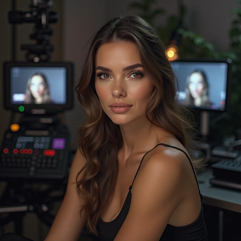 (High Resolutions, Ultra Detailed, Realistic) Beautiful Woman, Detailed Facial Features, Dynamic Pose, Intense Concentration, in a well-equipped studio, wears shoes, with vibrant colors, Sophiadiamond, Looking_at_viewer