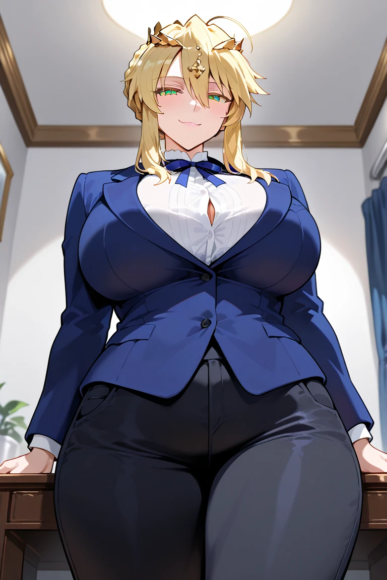 woman、American、35歳のwoman教師、Cowboy Shot、A beautiful woman with a slender figure、Blue Business Suit、(Knee-length pencil skirt with deep front slit:1.4)、Running towards the audience、Watching the audience。smile、Anatomically correct body