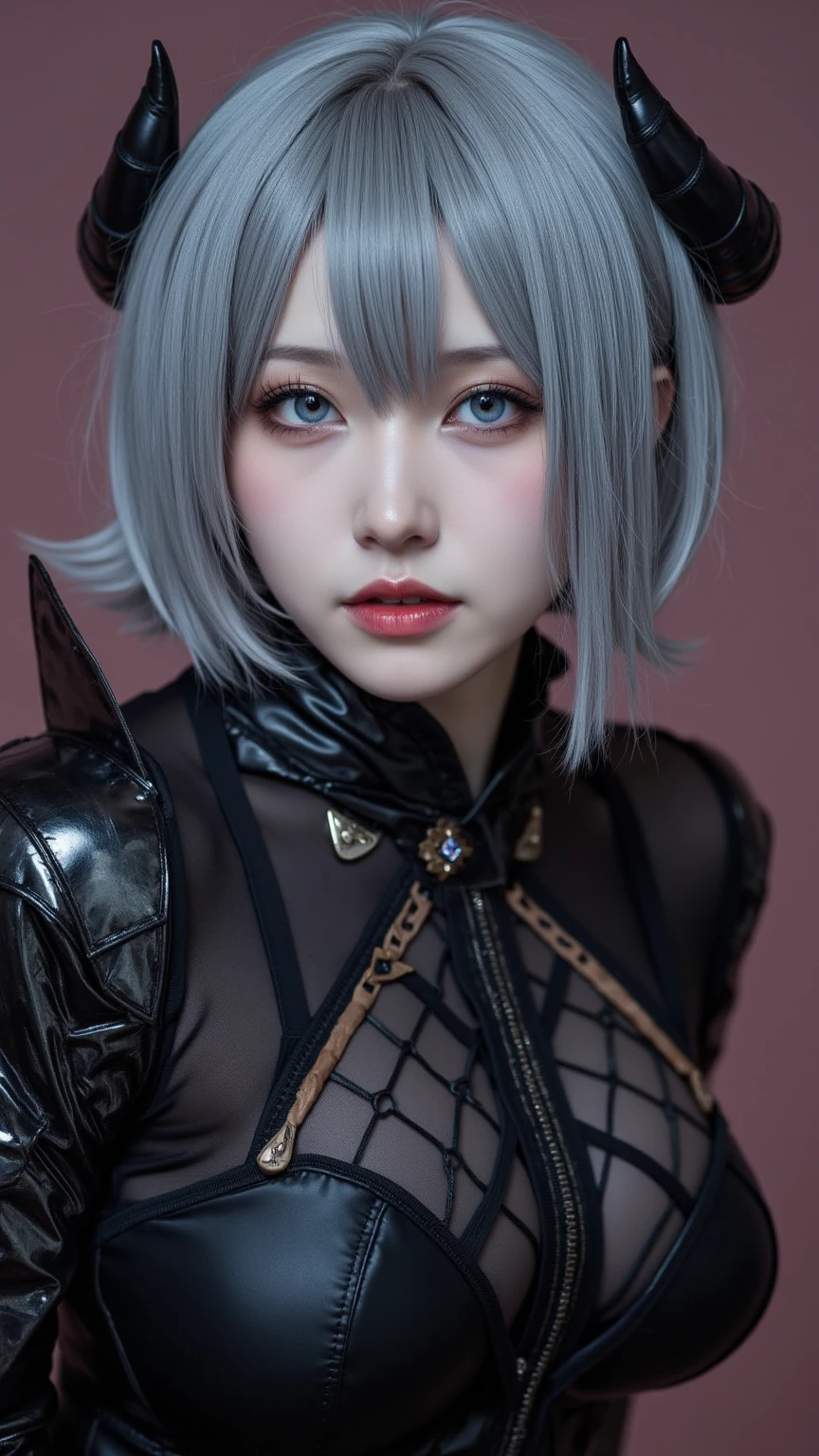 Put your arms behind your back, ((腕をTied up, Suppressed, ((((((rope)))))), Tied up)), (((((((Black Leather))))))), ((Crop top, Long sleeve, Pencil Skirt, ((Goth)), Knee Boots)), White thigh-high socks, A little bit happy, short hair, (((Gray Hair))), ((Gray Hair with ((Blue Tip)))), Cyan Dye, ((((((Green Eyes)))))), ((Small breasts)), Highest quality, High resolution, masterpiece, 8k, (((mature, woman))), alone, 1 girl, ((Black Makeup, eye shadow))