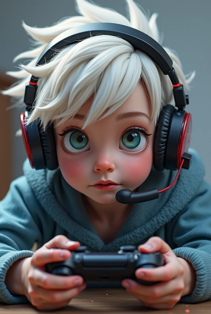 Create art in the style of Disney Pixar covers where your child ,is playing using a white headset in a gamer setup The child&#39;The characteristics are that he looks like he is 7 years old, is white, tem olhos castanhos, tem cabelo castanho mas loiro nas pontas, com franja enrolada na testa,jogando no computador
