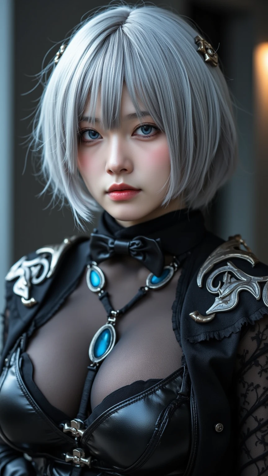 ((high quality)),table top,(Detailed depiction of local details:1.2),1 Japanese girl,(plump breasts:1.3),Enchanted Valley,closed mouth,eyelash,looking at the viewer,portrait,alone,Upper body,gray hair,white theme,short hair,silver hair,Yoruhano. 2 Type B,