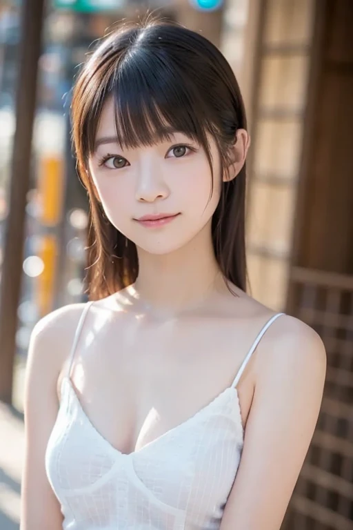 masutepiece, Best Quality, 8K, student, Teenw photo, absurderes, award winning portrait, Smile, Smile, Solo, Night, neons, Idol face, violaceaess, gardeniass, Delicate girl, Upper body, Digital SLR, Looking at Viewer, Candid, Sophisticated, zora々Right, Thin arms, Professional Lighting, Film grain, chromatic abberation, (Eyes and faces with detailed:1.0), (Bokeh:1.1)