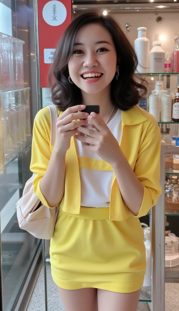 (8k, RAW photo, best quality), super detail, (realistic, photorealistic: 1.4), (masterpiece: 1.4), extremely detailed 8k wallpaper, ultra highres, cinematic lighting, anatomically correct, depth of field, first-person view, pov, shoot from front, looking at viewer, full body, full body, smile, Refined face, A pair of smart eyes, pretty face, 25 years old woman, slimfigure, Larger bust, office lady uniform, Office wear, Raw legs, Outdoor scene, Sit Pose, yellow long hair
