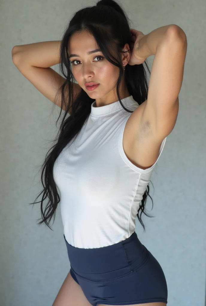 This 19 year old girl is thin, very white skin like Asians. He has a beautiful gym body. He is wearing light jeans and a black t-shirt inside his jeans.. Her hair is jet black and she wears it in a side ponytail.. Posa elegantemente mirando de frente a la cámara para una Photo de cuerpo completo en una calle común de República, in Camagüey, Cuba. Masterpiece, high resolution, Best Quality, intricate details, Very detailed, sharp focus, detailed skin, realist skin texture, texture, professional, 4k, shot with cannon, depth of field, Kodak Vision Color, perfectly fitted body, extremely detailed, Photo_\( ultra\), Photorealist, realist, Post processing, Maximum details, roughness, real life, ultrarealist, Photorealism, Photography, 8k hd, Photography
