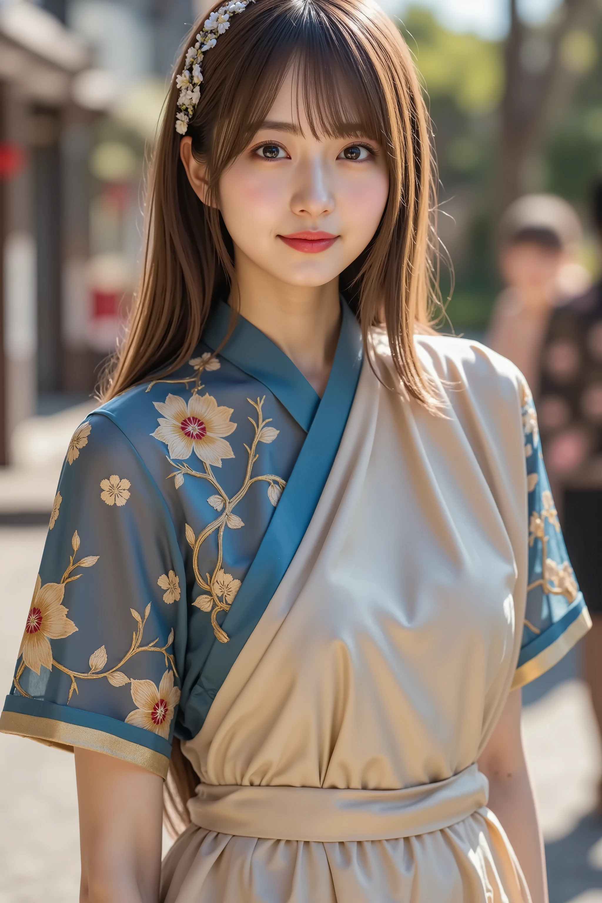 firm breast, by adjusting the framing so the subject's full head is visible within the composition, with the crop showing only from just above the bust to slightly above the top of the head. Ensure there is a comfortable amount of background space above the head to establish spatial context. A vibrant and festive outfit that blends traditional East Asian elements with contemporary design. The dress is crafted from a smooth, pale fabric with a subtle sheen, and features a crossover front that wraps diagonally across the chest, creating a flattering neckline. A structured stand-up collar in deep sky blue forms a visual anchor, drawing attention to the face. The sleeves are short and flared, made from rich blue satin embroidered with golden-yellow vines and stylized white blossoms. The embroidery is dense and carefully arranged, giving the fabric dimension and visual rhythm. Gold detailing weaves between the motifs, paired with accents of red and light green, enhancing the celebratory mood of the garment. The inner bodice, partially visible under the translucent layer of the top, repeats the floral motif in matching shades, adding depth through layering. The silhouette is shaped by a high-waisted design that cinches gently at the torso, flowing into soft, gathered folds that give the fabric volume and movement. Her hairstyle is adorned with a fabric headpiece or scarf, decorated with small embroidered flowers in blue, cream, and yellow, held in place with a silver clip. The background suggests an outdoor cultural event or festival, with hints of traditional architecture and other people in similarly themed attire. Sunlight illuminates the scene with a soft glow, casting gentle highlights on the fabric and subtle shadows on the street. The warm, bright atmosphere reinforces the outfit’s vibrant palette and festive elegance.