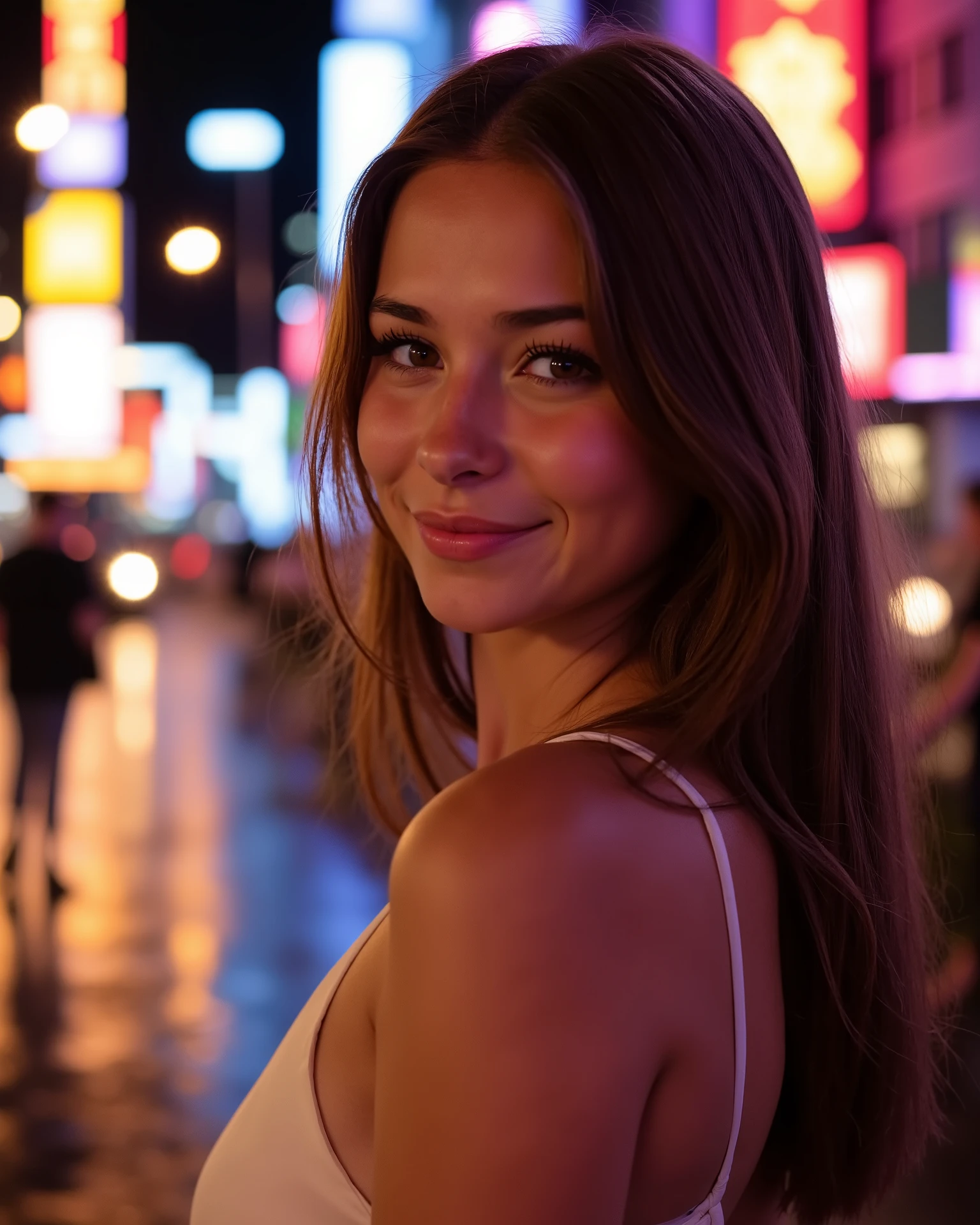 a beautiful woman, Making a photo shoot, she's smiling in a seductive and welcoming way, she is taking the photos in a frontal way, She is wearing a very feminine dress, shot with a Sony A7R IV mirrorless camera, 35mm f/1.4 lens, aperture f/1.4 for low-light performance and soft background blur, ISO 800, shutter speed 1/60 sec, handheld with image stabilization, ambient city lights and neon reflections providing natural illumination, realistic lighting contrast, visible light sources like streetlamps and windows, cinematic night tones, HDR processing for detailed shadows and highlights, Natural Lens Flares, lifelike reflections on wet surfaces, subtle noise reduction, hyper-realistic shadows, 8K resolution, real-world physics-based rendering