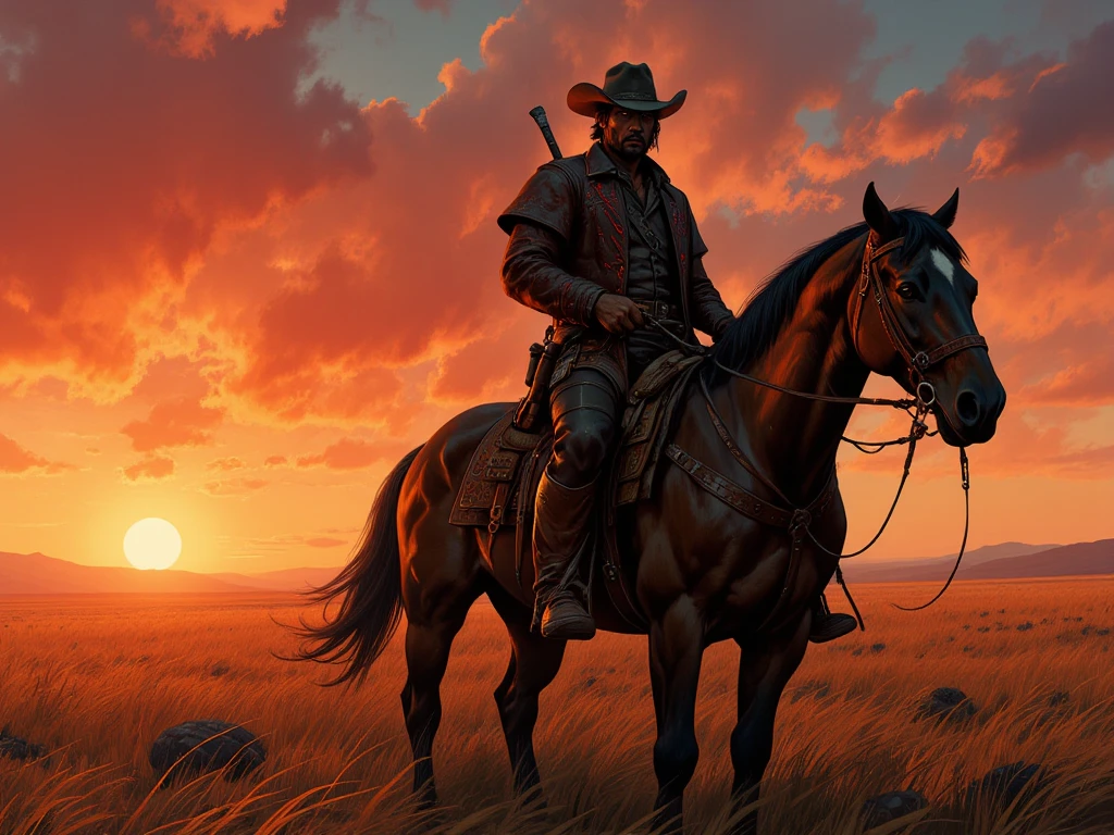 A cinematic, hyper-detailed rendering in the style of a South Brazilian-inspired fantasy, depicting a weathered vaqueiro gaúcho (35-45 years old, dark olive skin, strong features, determined expression) astride a powerful, muscular crioulo horse (dark bay coat, rippling muscles).  The vaqueiro, clad in reinforced, dark brown leather chaps and jacket, accented with deep red stitching mirroring Brazilian folk art motifs—geometric patterns and stylized floral elements—wears a wide-brimmed felt hat casting shadows over his intense eyes. His posture is , radiating strength and vigilance; his right hand firmly grips the reins, his left rests on the hilt of a long facão (machete) in a tooled leather scabbard at his hip, a finely crafted whip coiled at his waist.  The setting sun bathes the endless pampas in warm hues of orange and rose, casting long shadows across the tall, windswept grasses.  The composition features a low-angle, wide shot, emphasizing the vastness of the landscape and the guardian's imposing silhouette against the fiery sky. The scene is imbued with a sense of quiet strength and watchful protectiveness, a blend of ruggedness and poetic beauty, evocative of the Brazilian pampas at dusk.  Focus on detailed textures—rough leather, wind-tossed grass, gleaming horsehide—and a hyperrealistic rendering style, capturing the emotional weight of the scene.  Influenced by classical cinematic compositions and South American folk art aesthetics.
