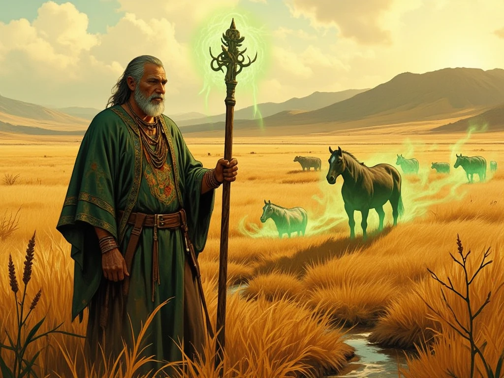 A cinematic, hyper-detailed rendering in the style of a South Brazilian-inspired fantasy, depicting a weathered vaqueiro gaúcho (35-45 years old, dark olive skin, strong features, determined expression) astride a powerful, muscular crioulo horse (dark bay coat, rippling muscles).  The vaqueiro, clad in reinforced, dark brown leather chaps and jacket, accented with deep red stitching mirroring Brazilian folk art motifs—geometric patterns and stylized floral elements—wears a wide-brimmed felt hat casting shadows over his intense eyes. His posture is , radiating strength and vigilance; his right hand firmly grips the reins, his left rests on the hilt of a long facão (machete) in a tooled leather scabbard at his hip, a finely crafted whip coiled at his waist.  The setting sun bathes the endless pampas in warm hues of orange and rose, casting long shadows across the tall, windswept grasses.  The composition features a low-angle, wide shot, emphasizing the vastness of the landscape and the guardian's imposing silhouette against the fiery sky. The scene is imbued with a sense of quiet strength and watchful protectiveness, a blend of ruggedness and poetic beauty, evocative of the Brazilian pampas at dusk.  Focus on detailed textures—rough leather, wind-tossed grass, gleaming horsehide—and a hyperrealistic rendering style, capturing the emotional weight of the scene.  Influenced by classical cinematic compositions and South American folk art aesthetics.
