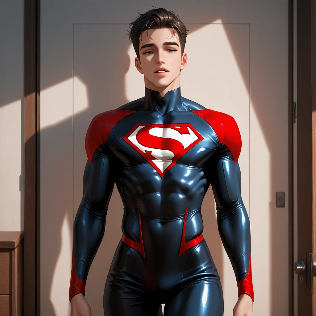 Junior male superhero standing in room in red tights and black panties