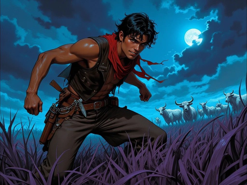 A cinematic, hyper-detailed rendering in the style of a South Brazilian-inspired fantasy, depicting a weathered vaqueiro gaúcho (35-45 years old, dark olive skin, strong features, determined expression) astride a powerful, muscular crioulo horse (dark bay coat, rippling muscles).  The vaqueiro, clad in reinforced, dark brown leather chaps and jacket, accented with deep red stitching mirroring Brazilian folk art motifs—geometric patterns and stylized floral elements—wears a wide-brimmed felt hat casting shadows over his intense eyes. His posture is , radiating strength and vigilance; his right hand firmly grips the reins, his left rests on the hilt of a long facão (machete) in a tooled leather scabbard at his hip, a finely crafted whip coiled at his waist.  The setting sun bathes the endless pampas in warm hues of orange and rose, casting long shadows across the tall, windswept grasses.  The composition features a low-angle, wide shot, emphasizing the vastness of the landscape and the guardian's imposing silhouette against the fiery sky. The scene is imbued with a sense of quiet strength and watchful protectiveness, a blend of ruggedness and poetic beauty, evocative of the Brazilian pampas at dusk.  Focus on detailed textures—rough leather, wind-tossed grass, gleaming horsehide—and a hyperrealistic rendering style, capturing the emotional weight of the scene.  Influenced by classical cinematic compositions and South American folk art aesthetics.
