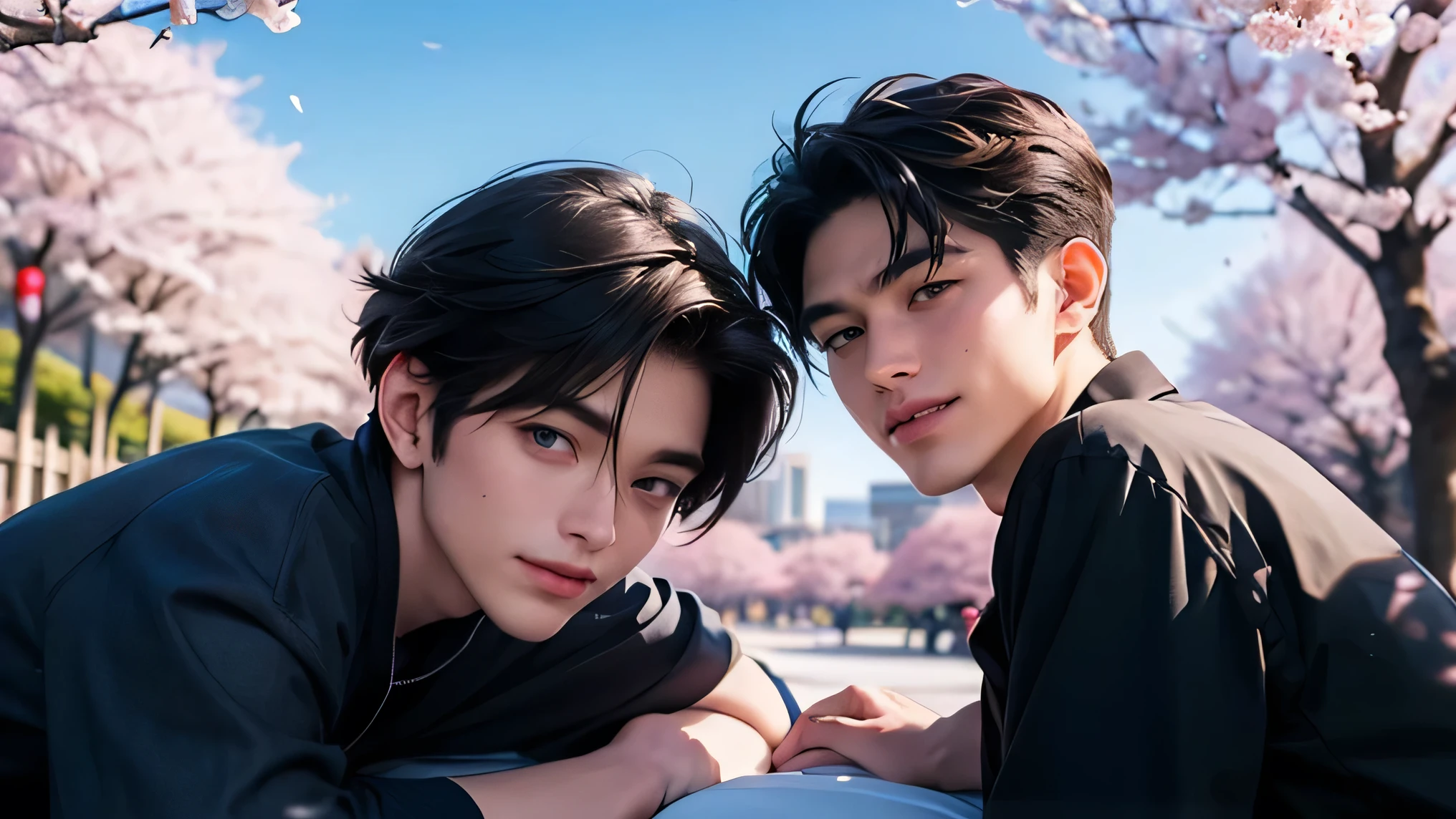 two Japanese men　Two cute handsome　very short black hair　　　casual with short hem　　blue sky　　Cherry blossom trees in the background　cherry blossoms in full bloom　　　　Mega Bulge 　　　　guysで寝て抱き合う　 down　touches his butt　smile　A beautiful guy　guys　