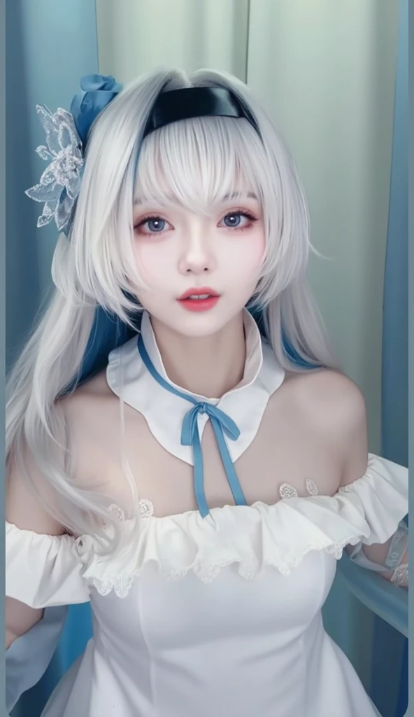 Cosplayer, female, blue-grey hair, anime-inspired makeup, contact lenses, large eyes, lace headband, white and black lace dress, ribbons, pastel tones, portrait, high-resolution, soft lighting, vertical composition, delicate features, youthful appearance, intricate costume, fashion photography, fantasy