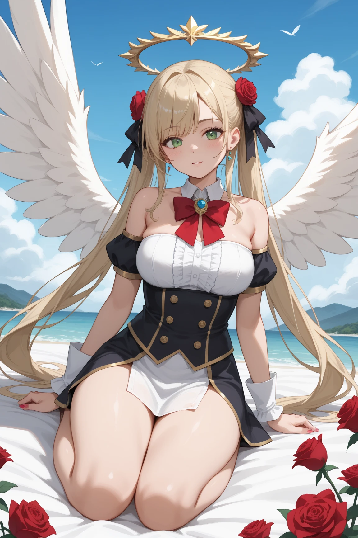 levitating in air, clouds, (masterpiece, best quality, illustration), Marin Kitagawa black microbikini, makeup, blond hair, pink eyes, very long hair, hair ribbon, braid, twin braids, cowboy shot, looking at viewer, cleavage, flirting, modest, huge natural breasts, large hips, devil horns and tail, angel wings