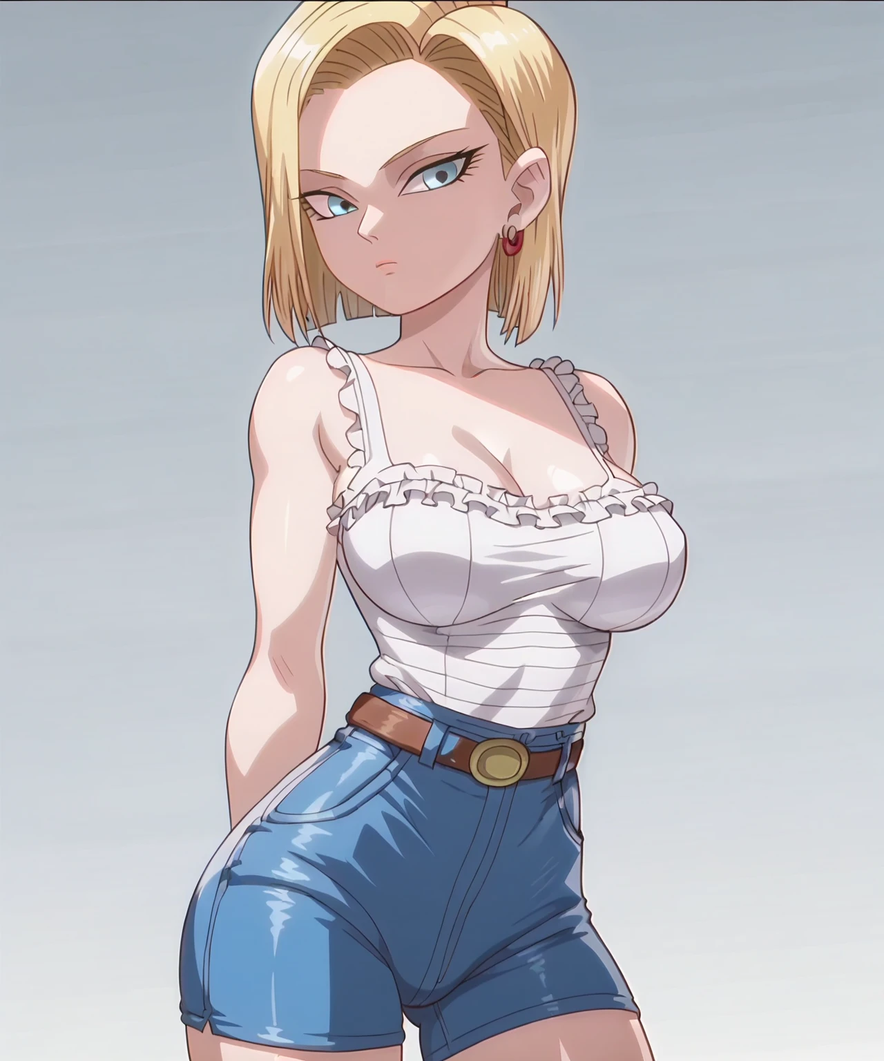 android18, vertilart, 1 chica, solo, Cuerpo tonificado, hourgles figure, rubor, session, volver al espectador, allanamiento, piernas juntas, rodillas juntas, Pies separados, looking back, Mirando al espectador, mordiendo los labios, piel clara, white see through cheeky panties, hendidura de venus, Agarrando el pecho, big es, gran trasero, mordiendo los labios, lines of movement, SEXO, SEXO from behind, es, Foto_enfocar, Cara traviesa, cara seductora, Rubio, Rubio short hair, Grandes ojos azul claro, perfectos ojos azul claro, ojos azul claro brillante, es, toned es, huge es, big es, gran trasero, enormes tetas, tetas grandes, piel brillante, very ruboring, ruboring cheeks, embarresed, Piel brillante, piel hidratada y luminosa, Pecho desnudo, caderas tonificadas, Caderas anchas, muslos ejercitados, muslos gruesos, pantorrilla gruesa, SEXO, android18, joyas, Collar, collar de perlas, pendientes, aretes de aro, gato morado, BLM largo, belt, minifalda cielo azul, see through cheeky panties, calcetines de seda blancos con lazos y encaje, tacones de aguja franceses de cristal.