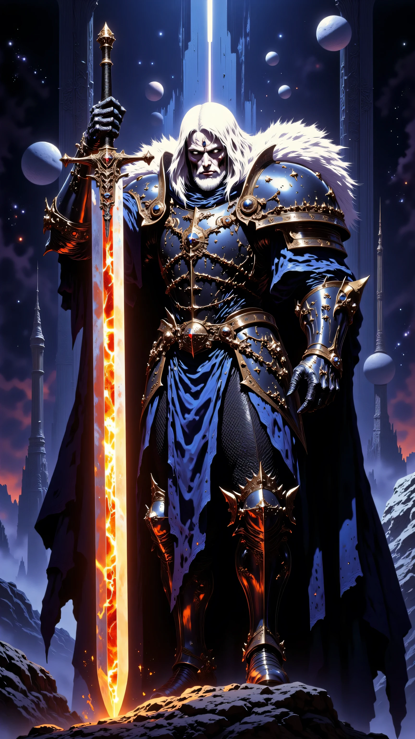 Picture of a medieval knight in full plate astronaut armor wilding a great sword, floating in space, planets in the background, (Portrait of a better masterpiece:1.5)0.9], (Space and knight armor:1.2), (A radiant glow:1.1),close-up portrait, 