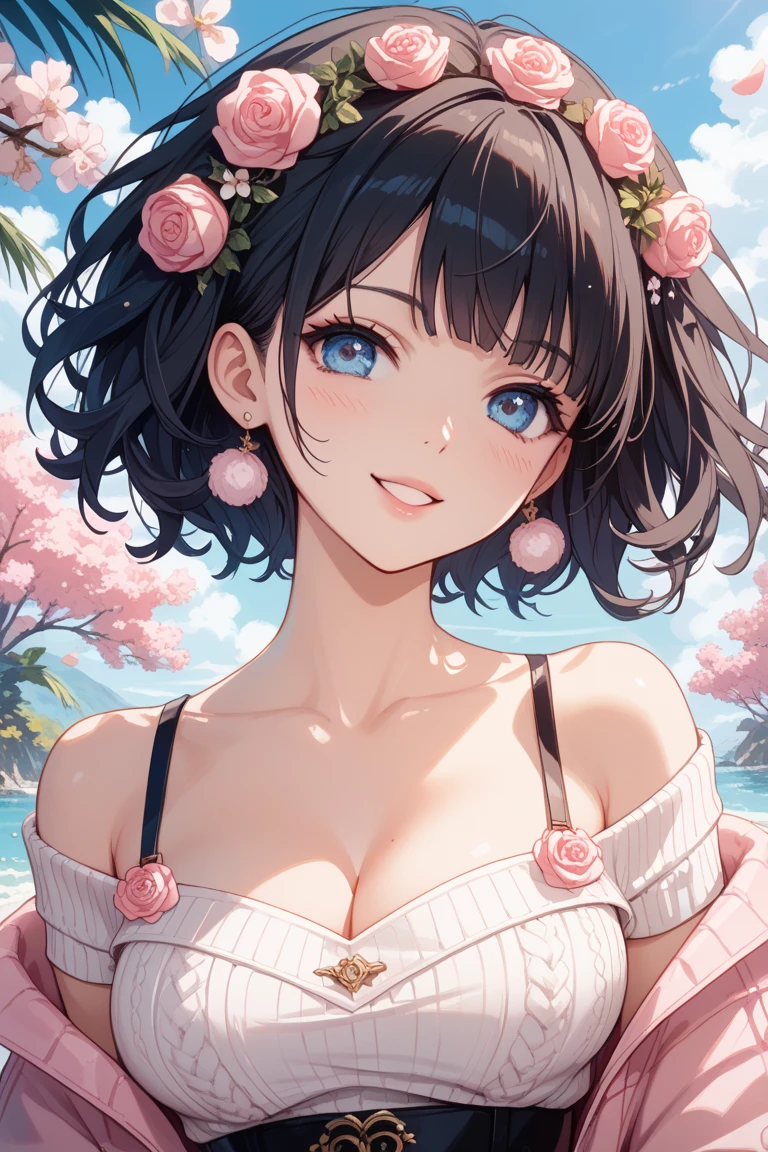 Official art、Top quality ultra-detailed CG art、a beauty girl:1.2)、Kurokami、Glossy hair、smooth hair、large blue eyes,Mid summer、kawaii、The sky is beautiful、Cute、bob cuts、Pink choker、Pink swimsuit、ssmile、