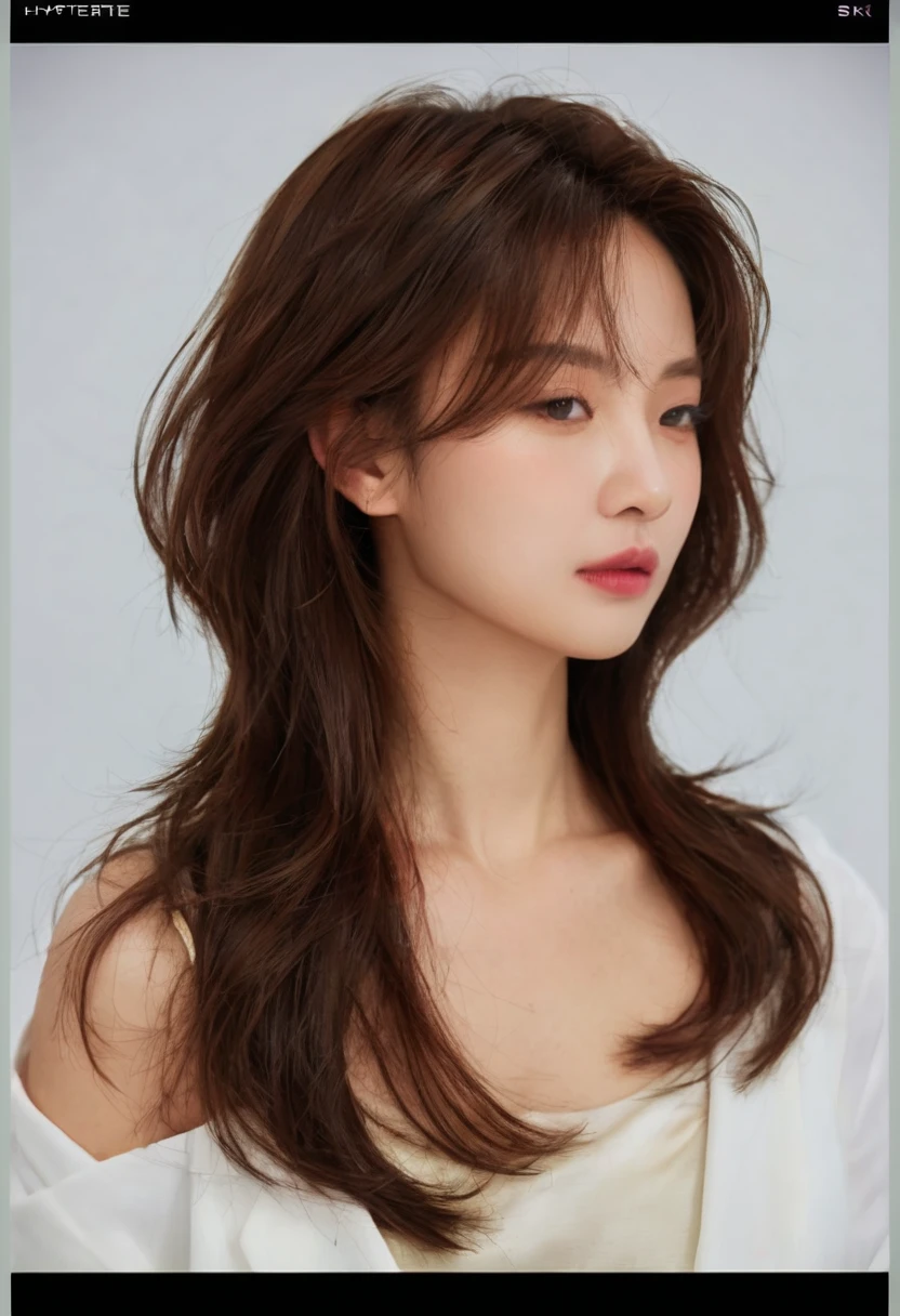 Wolf Hairstyles、Diamond Hairstyle、Layered hairstyle、Light hairstyle、Inward curled hair、Semi-long hairstyle that reaches below the collarbone、Very bright natural light、In front of a luxury building、White T-shirt、K POPアイドル風な顔、Natural Makeup、Natural brown hair color、Adult atmosphere