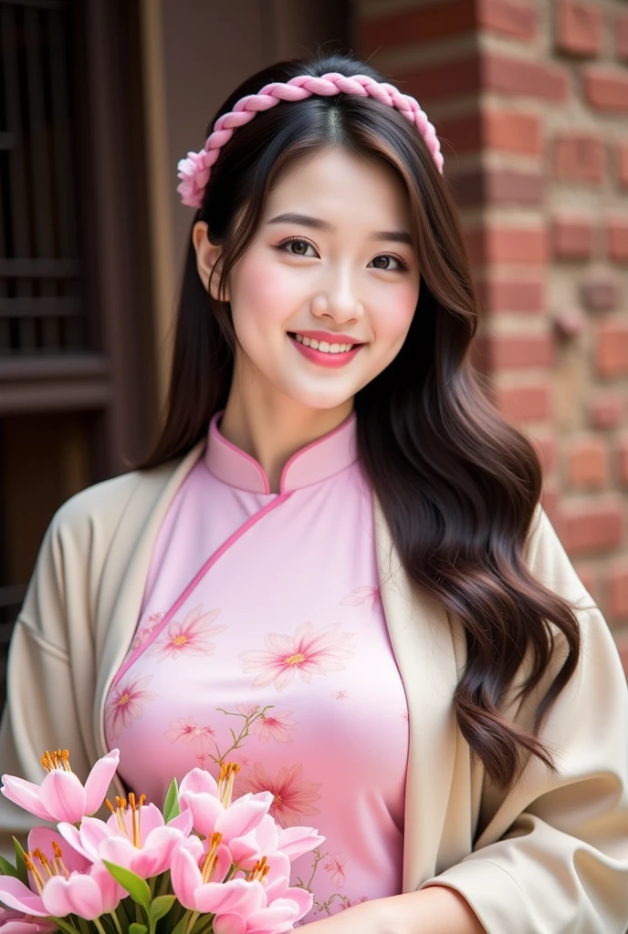 (RAW Photos:1.2), (Realistic:1.4), Beautiful detailed girl, Very detailed eyes and face, Beautiful details, Ridiculous, incredibly Ridiculous, Large file size, Very detailed, High resolution, Very detailed, highest quality, masterpiece, kemomimi, ((Japanese Girls)),、 shape, Very detailed, CG, Unified, 8k wallpaper, wonderful, Fine details, masterpiece, highest quality, Very detailed CG uniform 8k wallpaper, Light on the face, Cinema Lighting,( One Girl),Feeling Face、(Big Ass:1.3)、(Upper body from the knee up)、((Pink and red floral qipao))、((Sleeveless))(Ample breasts:1.5)、28 years old、very,single braid、Shiny black hair、Looking into the camera、 Sitting cross-legged on a park bench, (Big smile 1:4):((Knee to upper body)), Panties are slightly visible,