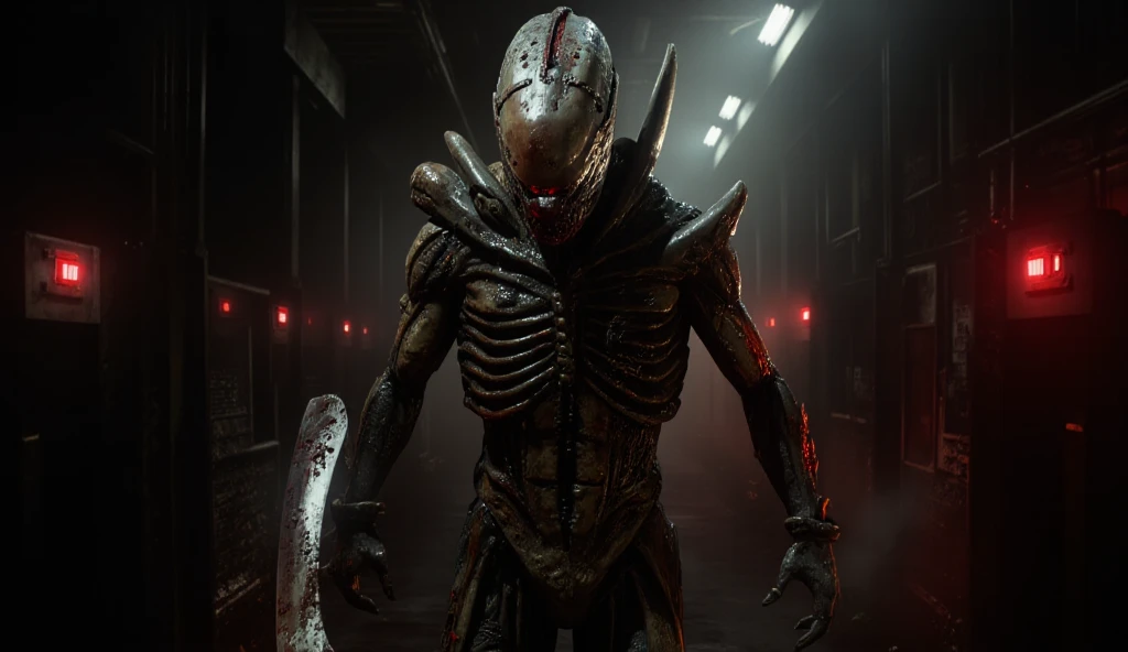  ((best quality)), ((masterpiece)), (detailed), an alien creature, humanoid, (gigeresque), pale, milk-white skin, translucent skin, smooth skin texture like a dolphin, no hair, round head, (bulbous head), (xenomorph head), (atrophied eye sockets), (smooth face), (bright prominent gums), (a long tongue like an elephant trunk coming out of the mouth with a squid-like beak at the tip), (protrusions along a skeletal ridged back), (breathing holes on the chest), a tail that splits into three tentacles, (walking on long skinny arms), where the legs would be is another set of arms that are used for grabbing, H R Giger, Clive Barker's The Thing, xenomorph, predator, Engineer, sci fi horror, cosmic horror 