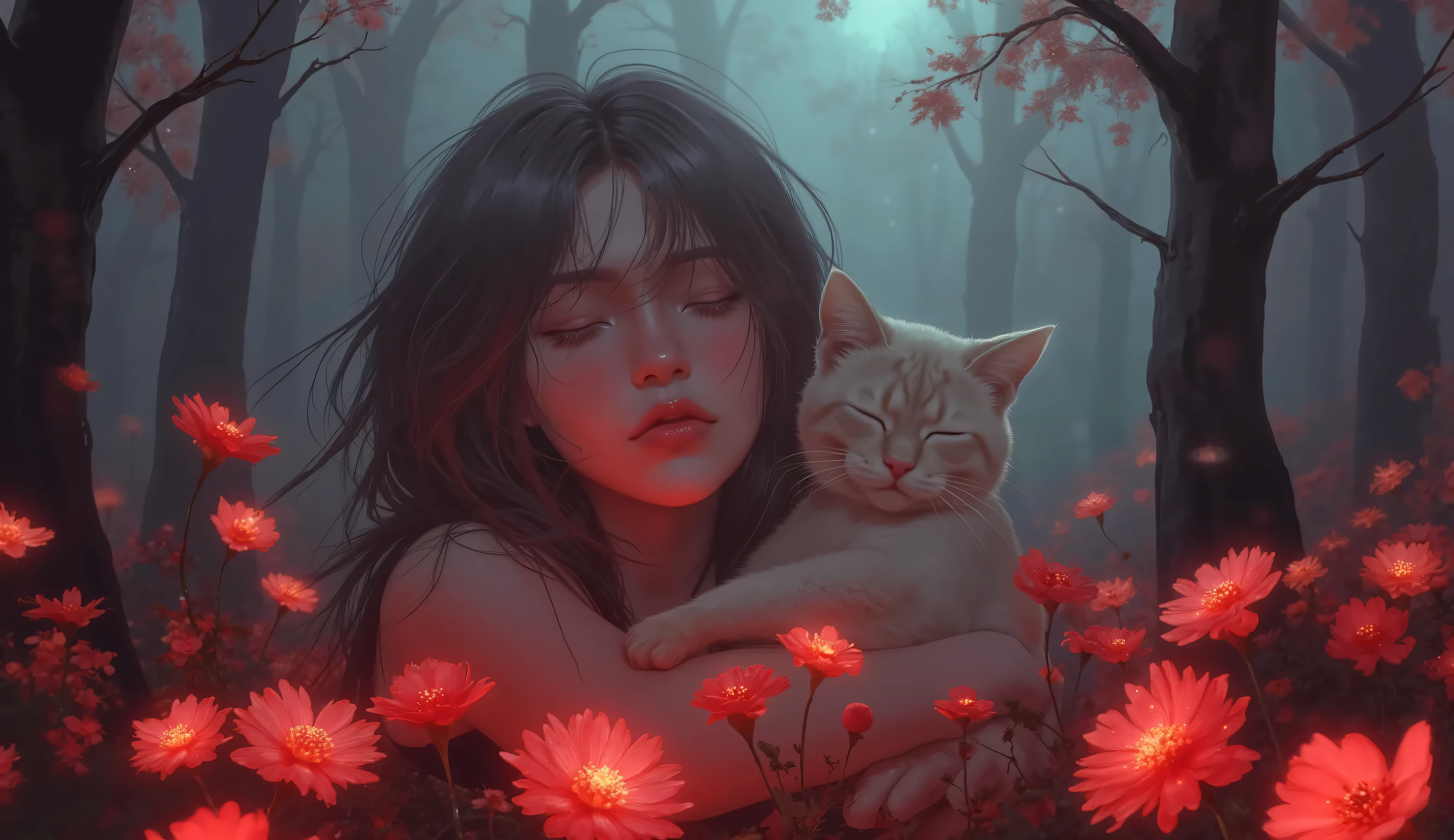 l woman's face , with her loyal Siamese cat curled up on her shoulder. She is standing in a field of glowing flowers, her eyes closed as she basks in the celestial light. Eerie fog and dark trees surround her. The scene is rendered with detailed textures, photorealistic skin and eyes, surrealism, atmospheric lighting, red and cold tones, fine art, mystical elements, high quality, 8k, digital painting, detailed matte painting, deep color, fantastical, intricate detail, splash screen, complementary colors, fantasy concept art, 8k resolution trending on Artstation Unreal Engine 5.