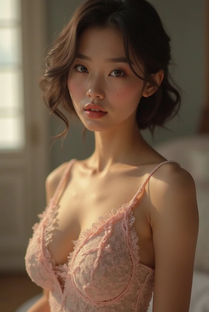 high quality bedroom covering chest by hand vulgarity1.7 fucked silly1.7 steam1.7 wet1.7 trembling1.7 slender figure fluorescent hibiscus design lingerie proud of her abs anatomy solo:2 close up attractive mature lady huge chest burst into laughter beautiful décolleté big cleavage beautiful clavicle looking at viewer