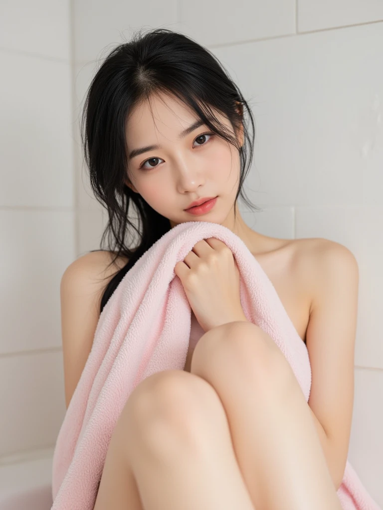 ulzzang -6500-v1.1, (Raw foto:1.2), (Photorealsitic:1.4), a beautiful detailed girl, extremely detailed eye and face, beatiful detailed eyes, Ridiculous, unbelievable Ridiculous, huge filesize, ultra-detailliert, hight resolution, ighly detailed, top-quality, ​masterpiece, Kemomimi, (((bury your face in a towel))), (((After taking a bath, Wrapping a towel around your body))), (((Wet hair))), illustratio, ighly detailed, nffsw, unification, 8k wallpaper, astonishing, finely detail, ​masterpiece, top-quality, Highly detailed ticker uniform 8K wallpaper, face lights、Cinematographic lighting、1girl in、sixteen years old、(witheout panties)、((dynamicposes)))、(camel's toe)、(half)、(Crooked knees and legs sitting))