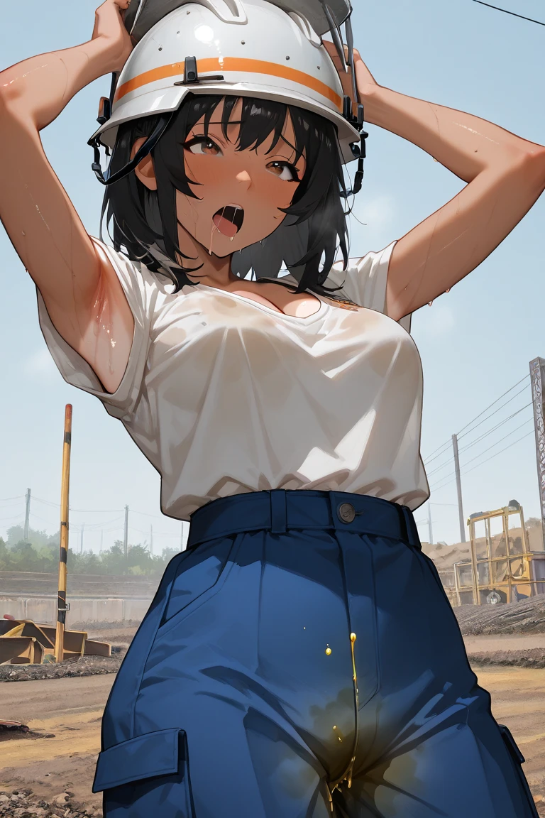(depicting a single moment from a manga for adults), (hand-drawn), ((simple line art)), ((manga-style line art background)), (only 5 colors used), a women, ((straddling to hit her panties onto the exposed pipe for masturbation)), swollen areolas, open legs, raise leg, (orgasm), (drooping eyes, blush), in the factory, machines, hair up,