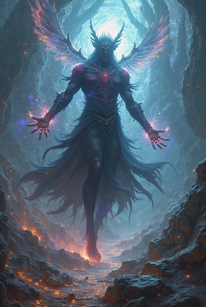 high details, best quality, 16k, [best detailed], masterpiece, best quality, (extremely detailed), a view from the rear of a beautiful angel looking through  a magical portal onto hell, the portal has magical pink magical wards  on it, she sees the fiery hell and rolling inferno, GlowingRunes_paleblue,