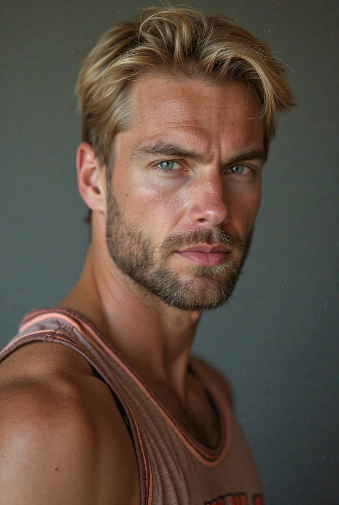 photographie ultra réaliste, 4k ,Bel homme aux cheveux blonds, 28 ans, grand, muscle, yeux verts, gay sexy, very crooked nose, grosse bouche, tatouage ange gorge