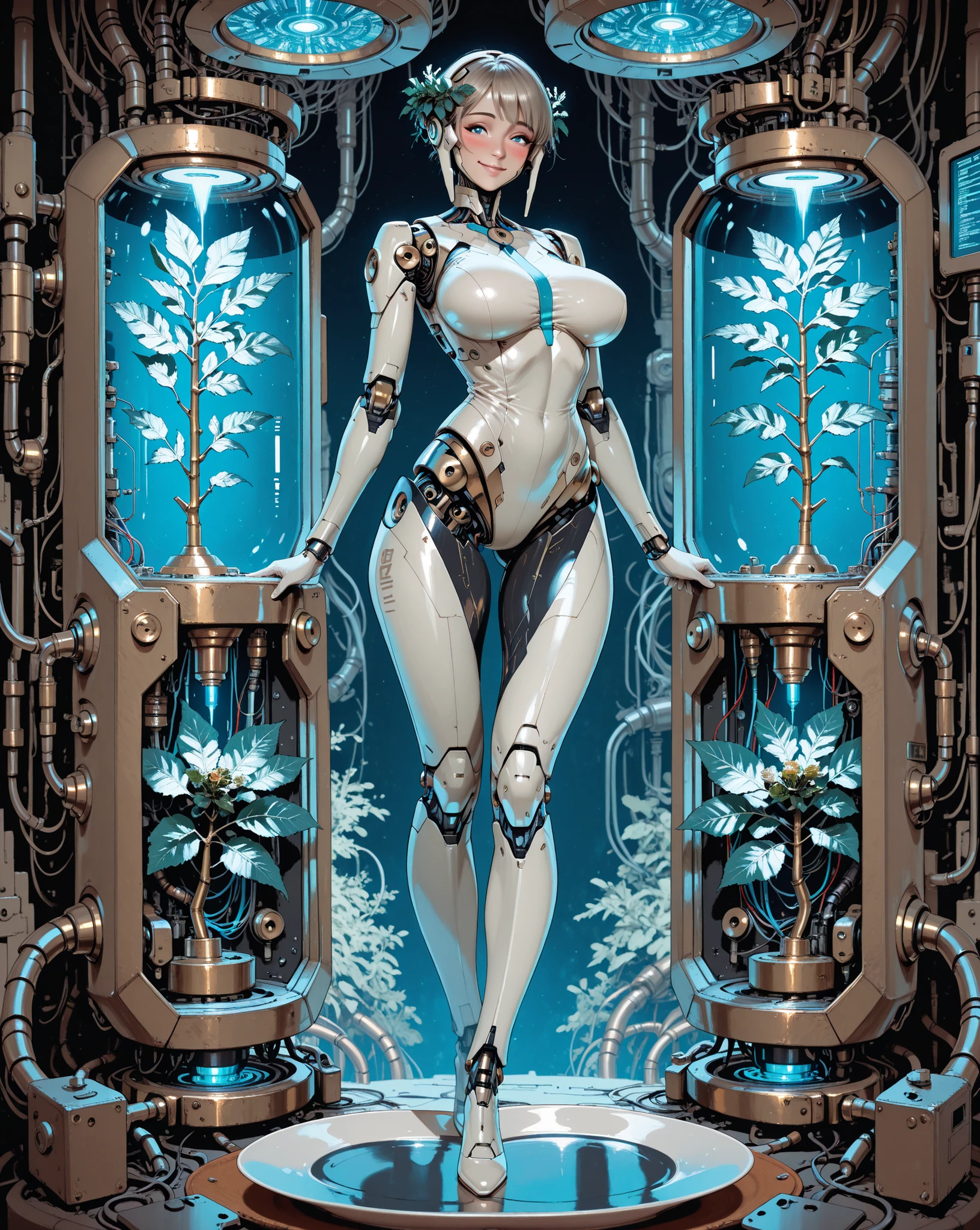  masterpiece,Alone,Android, humanoid, scientific chamber background, suit plug, details on suit, plate hair,cyber ornamental, technology , blue eyes,big saggy breast,,long legs, details,perfect, details master pieces,high quality,, feminine, perfect,realistic, perfect , perfect legs, hips, waist,blush,  large saggy breast,  smile,mist, vital signs vital support,  smile, Android, ,robotic features