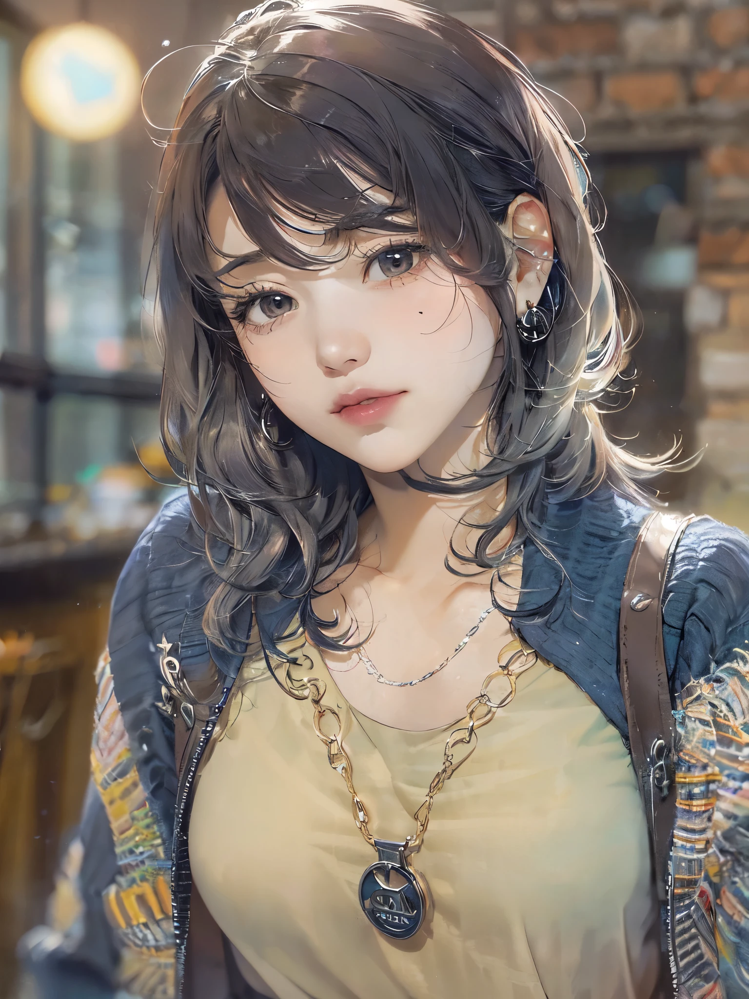 (Masterpiece, best quality, vibrant, high contrast, hyperrealistic, top quality, high sharpness, realistic, sharp, detailed clothes, highly detailed character, High Resolution, 16k, very detailed, Volumetric lighting, depth of field, cinematic, vibrant, dynamic lighting. Atmospheric effects. :1.3), 1girl, solo, (20, twenty years old, young adult), Perverted, Nymphomaniac, Korean, ((heart-shaped with narrow jaw and smooth high cheekbones face, Large brown almond-shaped eyes with slightly lifted outer corners, double eyelid, The lashes are long and defined, The nose is small and delicate, with a narrow bridge and softly rounded tip)), (long thick black hair with loose waves, middle parted bangs, strands framing her face), fair skin tone, (Height: 173 cm tall, 5'8"), (Weight: 47kg), (Personality: ENTJ), petite with lean muscle tone and feminine figure, small soft breasts, very slim waist with gentle inward curve, moderately wide wide hips, thick and supple thighs, long slender legs with toned calves, fit but round butt, (wearing a dynamic navy blue/black Bandage Long Sleeve Dress with accenting accessories), tiny silver hoop earrings, thick black collar, silver rings on fingers, silver and bead bracelets, military dog tag on silver chain necklace, thick black eyeliner, blush, glossy and subtle lips with a rosy tone lipstick, giving off slutty vibes, cozy coffee shop background, Akihabara backdrop, leaning against wall and waiting at cafe, dynamic pose, heavy lidded eyes, knowing smirk. model-level beauty, beautiful, full lips with subtle cupid's bow, pouty lips, cute nose, cute with slight playful edge, Scene: She is waiting for her boyfriend to arrive, cleavage, ((JANG_ICE, Jang Wonyoung, Wonyoung, IVE)), Occupation: kpop idol, idol beauty, nsfw, slight head tilt up, anatomically correct hands, tulle chiffon