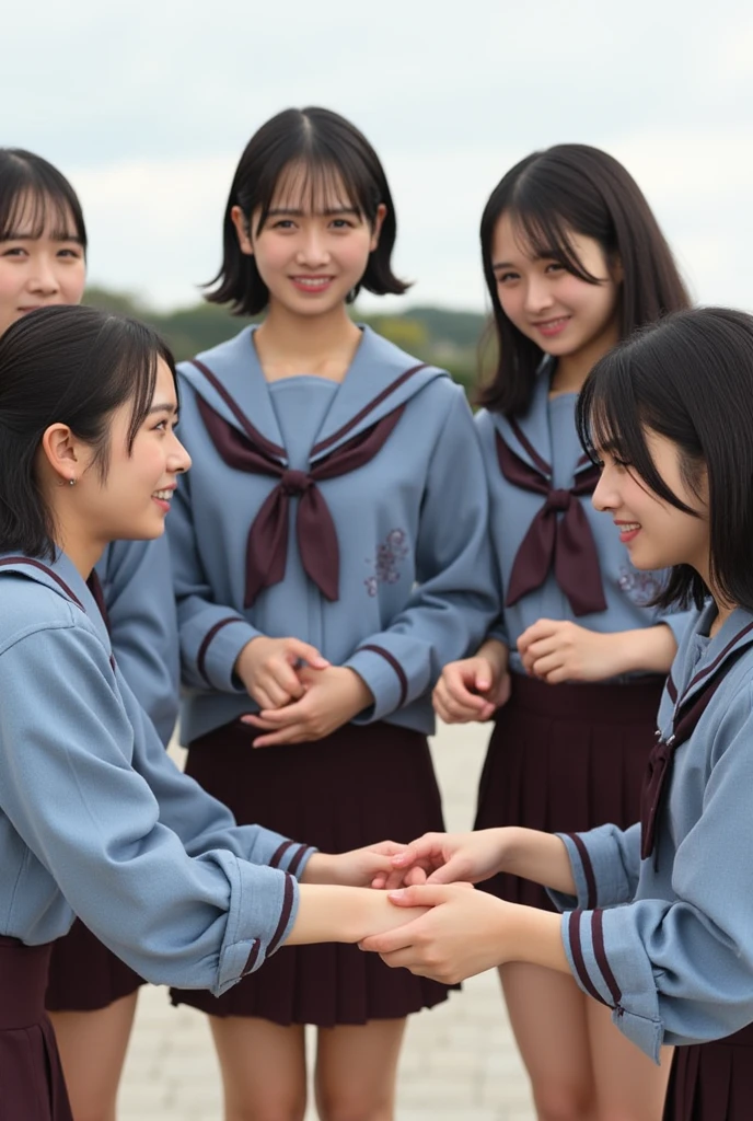 3 girls with ponytails、Wearing a sailor suit、The girl on the far right has a cool face、The  has wide eyes and smiles with his mouth wide open.、The child on the left has droopy eyes and seems calm.、Being in the classroom、All three have black hair、All three are doing peace.。