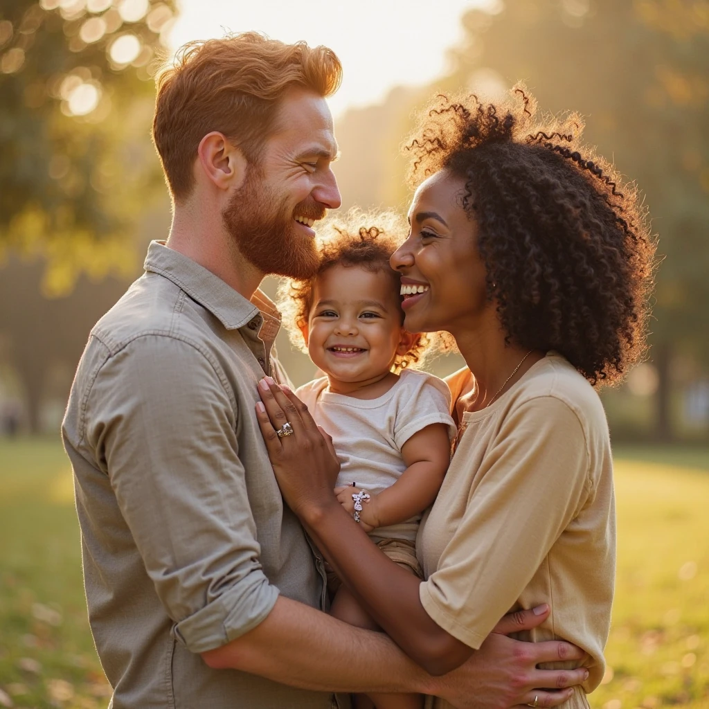  blonde father,with his little blonde daughter in his arms and his wife, a black woman with black hair, kissing her face  
