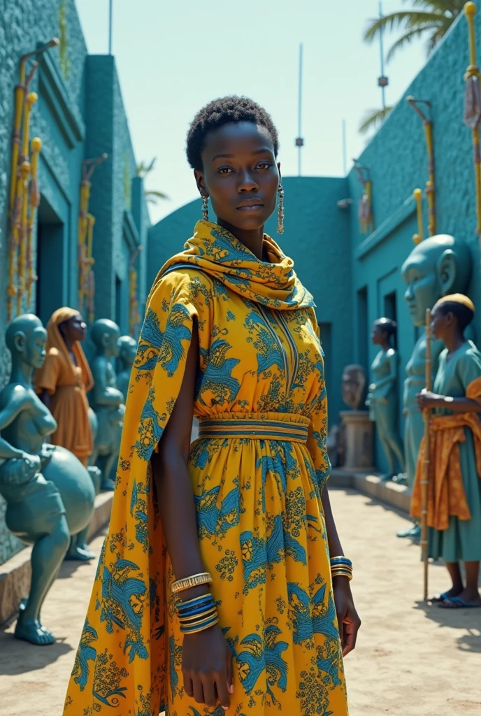 A stunning scene of African marketplace fashion, blending luxury and destitution, with digital illustrations capturing the essence. Evoking the style of Kadir Nelson, the image is filled with rich details and textures, offering a dynamic display of contrast. Warm hues dominate the color palette, while the models' expressions convey strength and elegance under the bright, midday sun, creating a powerful visual impact. --v 5 --stylize 1000