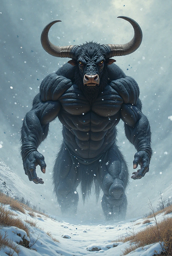 Minotaur, solo, muscular, perfect_eyes, perfect_face, abs, big_chest,wide_body, muscular_arms, winter, snowforest_background, solo, minotaur, theets, angry, half_body, close_up, low_angle, manly, man, muscular, brown_horns, big_eyes, orange_eyes, glowing_eyes