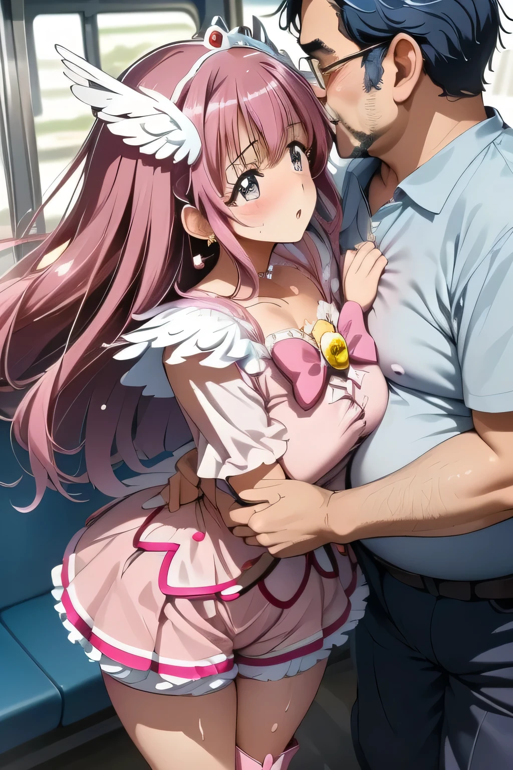 ( manga 、anime、story)、( masterpiece 、 top quality、 super high resolution )、( close 、 facial beauty、 Beautiful Eyes )、( shout、 resists 、 white line on the uniform is embarrassing )、sweat 、 white line on the uniform is embarrassing 、 ( surrounded by lots of men 、 Licking Man 、 bearded man、woman shivering at sexual climax ) many hands touching women 、sweat、on the train、man lifts the woman、 man grabs chest 、man bites chest、viewers take pictures with their smartphones、 take pictures、Old Gentleman with Dirty Glasses、old man、men hug、((nsfw),(2man and 1woman,having sex)、(excessive cum、cum on body:1.2、cum in puss)、(face)、ossan 、The man is a fat ugly man、legs、leg lift、viewed from the side from the waist、(feather hair ornament, tiara, pink choker, cure happy costume, pink shorts under skirt, pink shorts, boots)