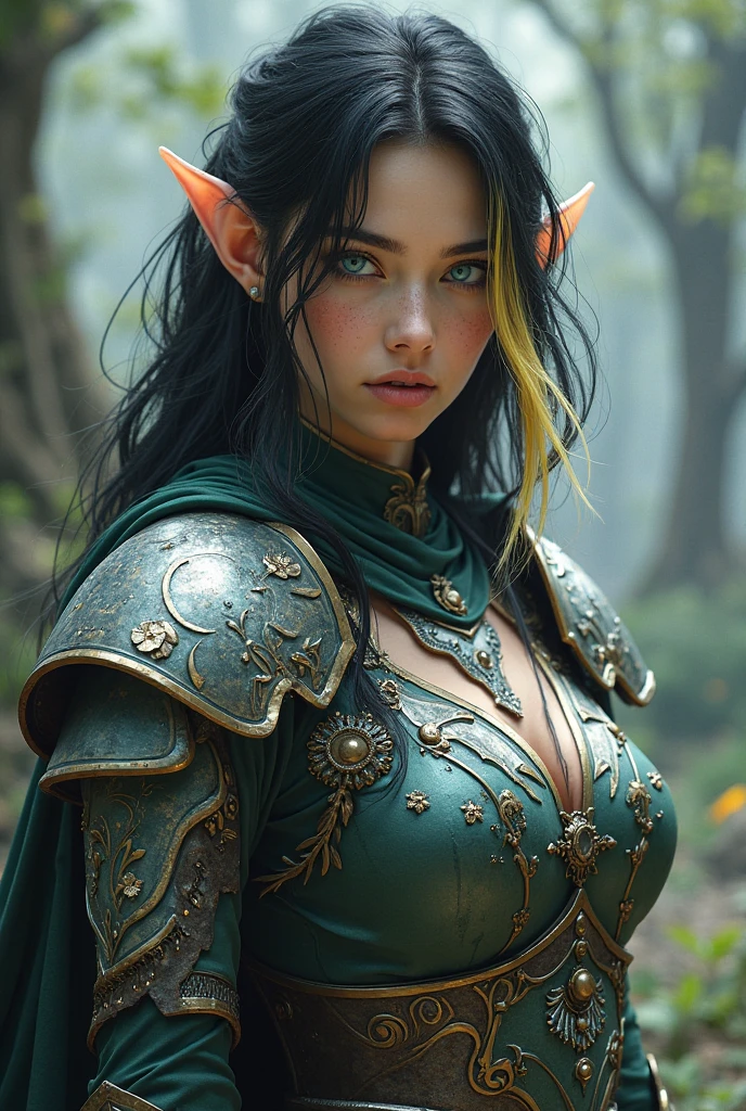 Short, Red hair, green eyes, knight girl in green with a smile, armor, decorated with gold, diadem. (masterpiece, top quality, Best quality, official art, beautiful and aesthetically pleasing:1.2), extremely detailed,(fractal art:1.2),colorful,The most detailed, (Many colors:1.4). ((split. skin texture, Shiny skin. elegance. photorealism. unreal engine. 3D model. Ultra high quality textures. high detail. permission 8k))