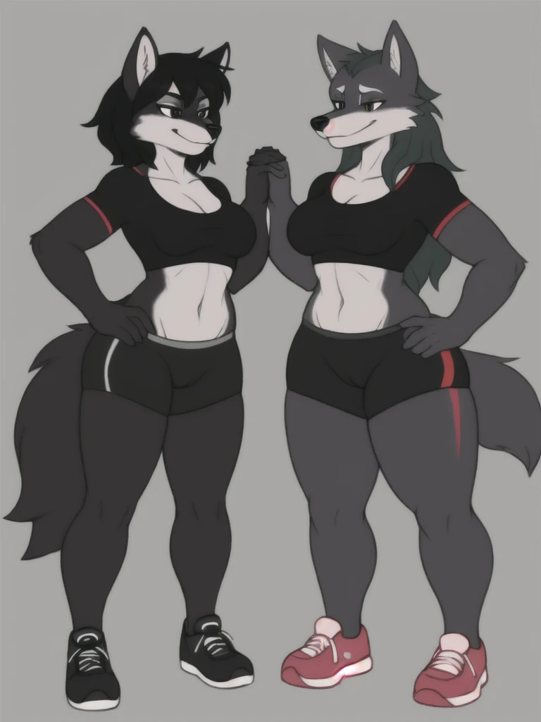 highly detailed, high quality, masterpiece, beautiful, (full shot, side view, normal angle), 2 tall voluptuous mature athletic female wolf facing each other looking at the viewer in love, black fur, white tribal markings on thighs, red inner ear, red one piece swimsuit latex, large breasts, feet, 5 toes, toe claws, red claws, plantigrade, wide hips, curvy figure, curvaceous, smooth fur, long fur face, thick thighs, thicc, long wolf tail, fluffy tail, wide and long snut, long wolf's mane, red eyes, black clera, black leaves, standing, hand on thighs, feet together, presenting ass, looking at the viewer, Mocking Look, happy face, in a space ship