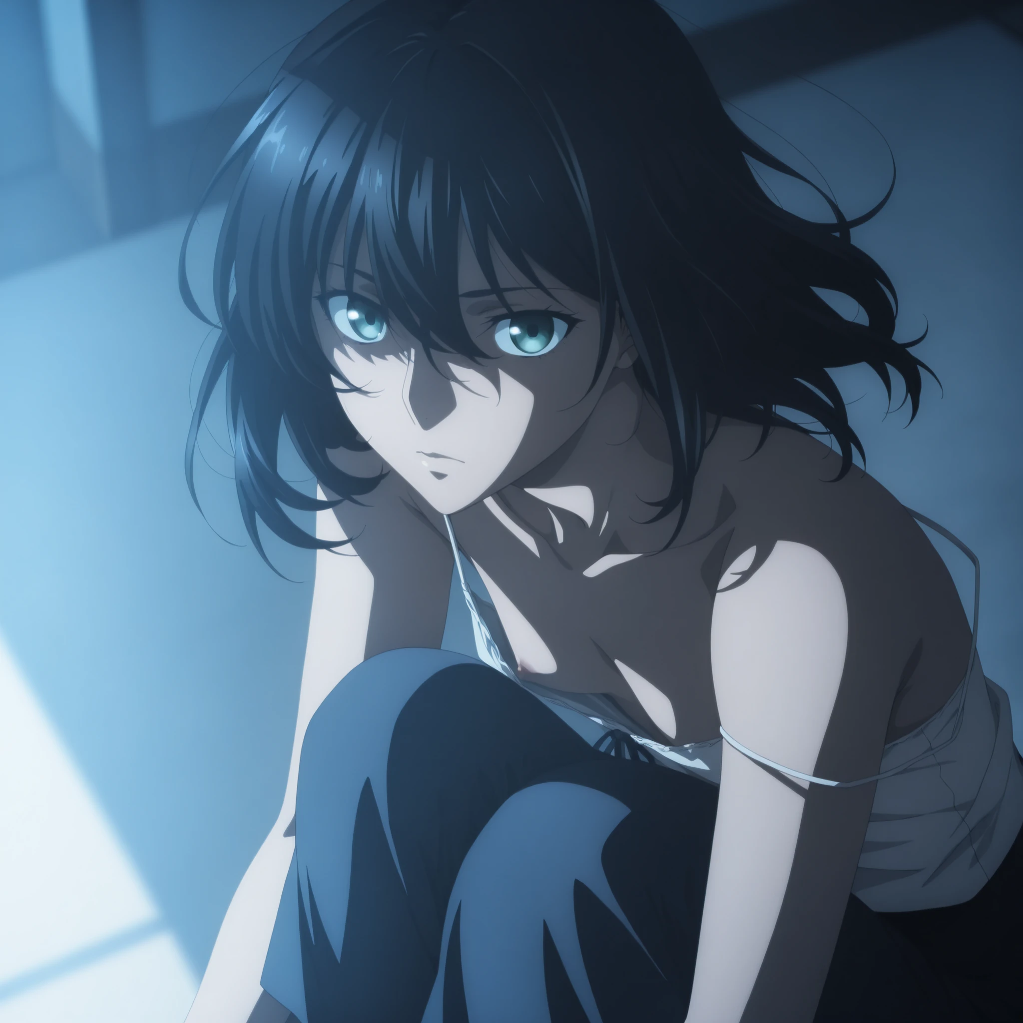 masterpiece, best quality, amazing quality, highres, absurdres, very aesthetic, high resolution, ultra detailed, perfect details, midnight, , indoors, ufotable style, (from above,), blue hour, backlight,
1girl, ufotable style, anime style, (anime coloring:1.5), (anime screencap:1.2) ,(aged up:1.5),
girl, mature, slim body, slender body, ,medium hair, gray green eyes, black hair, bangs, floating hair, fetal position, sitting, , (knees to chest), pale skin ,
(show off nipple), nipple slip, , white camisole, strap slip, cross-laced top, bare shoulders, wide pants, ,(small breasts, flat chest), (looking at viewer), expressionless, embarrassed, ,
