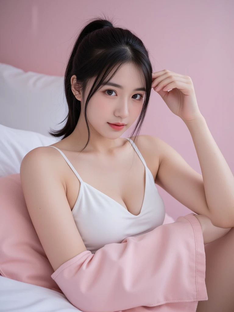 A woman taking a selfie, lying on her bed.