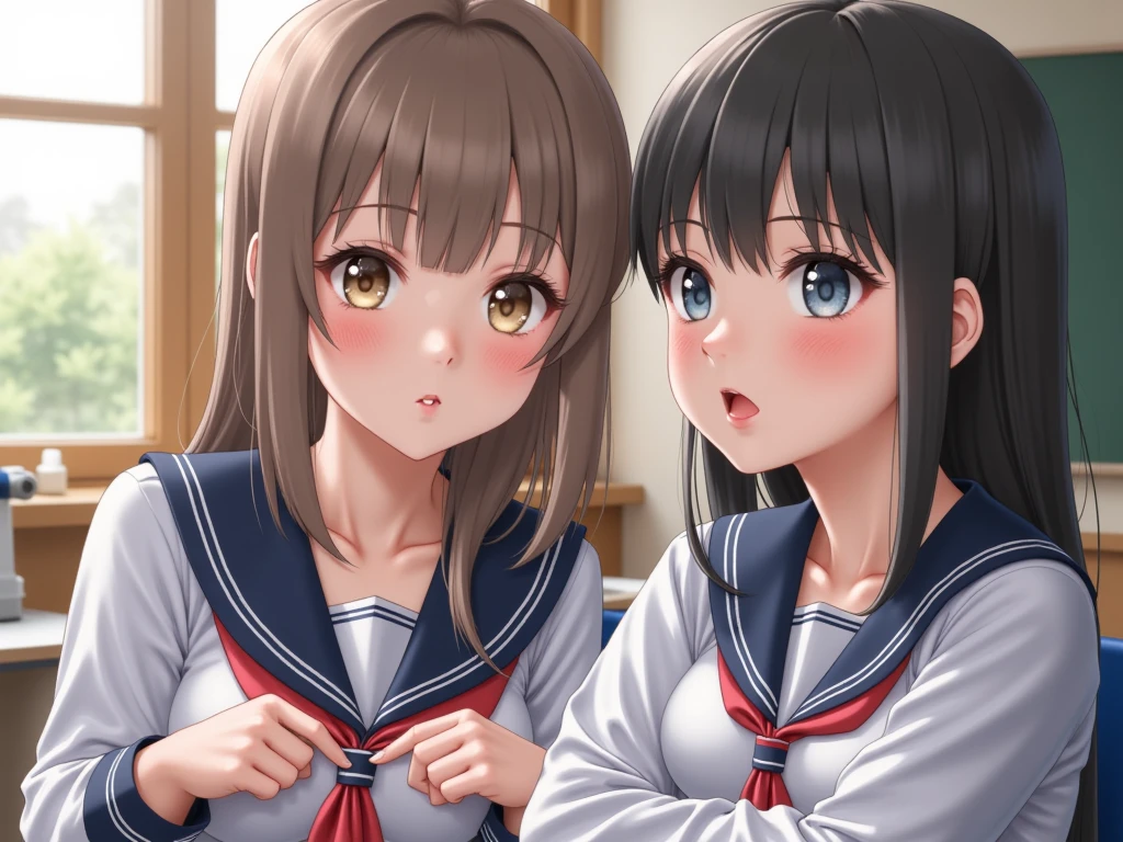Multiple Beauties:1.5,high school girl:1.5,expression of being in love with the same person:1.5,shy expression:1.5,My cheeks are blushing,Many types of faces:1.2,Various hairstyles and hair colors:1.2,Big Breasts,thick thighs, big butt,Cute school uniforms:1.5,4k,8k,high resolution,ultra details,real,Detailed Expression,PROFESSIONAL,Brilliant Colors ,Bokeh,,pictures,,digital painting, youth,School, Women's School,love affair,Heart pounding,romantic,Classroom,realistic,only beautiful women