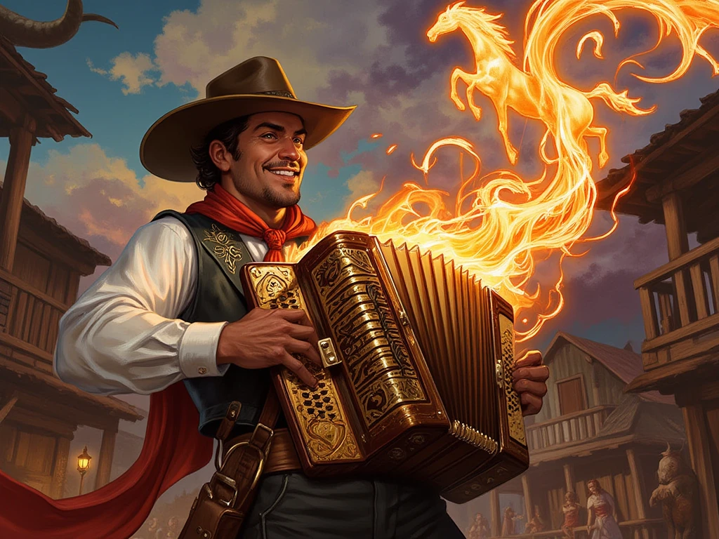 A cinematic, hyper-detailed rendering in the style of a South Brazilian-inspired fantasy, depicting a weathered vaqueiro gaúcho (35-45 years old, dark olive skin, strong features, determined expression) astride a powerful, muscular crioulo horse (dark bay coat, rippling muscles).  The vaqueiro, clad in reinforced, dark brown leather chaps and jacket, accented with deep red stitching mirroring Brazilian folk art motifs—geometric patterns and stylized floral elements—wears a wide-brimmed felt hat casting shadows over his intense eyes. His posture is , radiating strength and vigilance; his right hand firmly grips the reins, his left rests on the hilt of a long facão (machete) in a tooled leather scabbard at his hip, a finely crafted whip coiled at his waist.  The setting sun bathes the endless pampas in warm hues of orange and rose, casting long shadows across the tall, windswept grasses.  The composition features a low-angle, wide shot, emphasizing the vastness of the landscape and the guardian's imposing silhouette against the fiery sky. The scene is imbued with a sense of quiet strength and watchful protectiveness, a blend of ruggedness and poetic beauty, evocative of the Brazilian pampas at dusk.  Focus on detailed textures—rough leather, wind-tossed grass, gleaming horsehide—and a hyperrealistic rendering style, capturing the emotional weight of the scene.  Influenced by classical cinematic compositions and South American folk art aesthetics.
