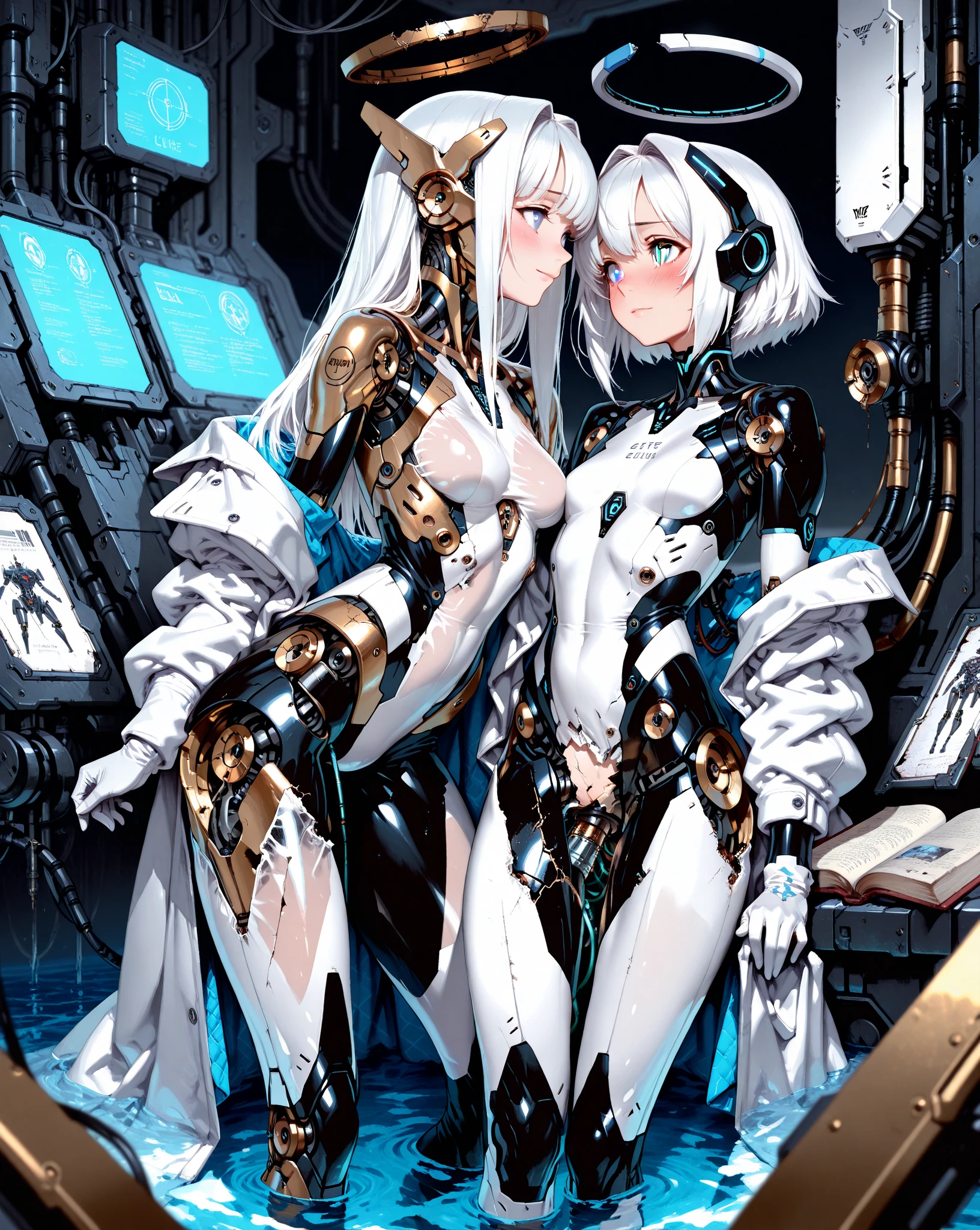 (((Masterpiece)))), (((highest quality)))), ((Ultra Definition)), (Very Detailed Photoreality), ((Very Delicate and Beautiful)), (Delicate and Pretty Face), Cinematic Light, (((1 Girl)), Solo, Full Body, Big, Cleavage Is Visible Skin, White Hair, Purple Eyes, Glowing Eyes, Thighs Exposed Skin, (Mechanical Joints: 1.4), (Mechanical Limbs)), ( blood vessels connected to tubes), (((mechanical vertebrae attached to the back)), ((cervical vertebrae of the machine) attached to the neck)), ((sitting)), expressionless, (wires and cables attached to the head and body: 1.5), (character focus), body has a small LED lamp, Evangelion, Rei Ayanami, sci-fi, metal, metallic body, detailed neon, hydraulic cylinder
