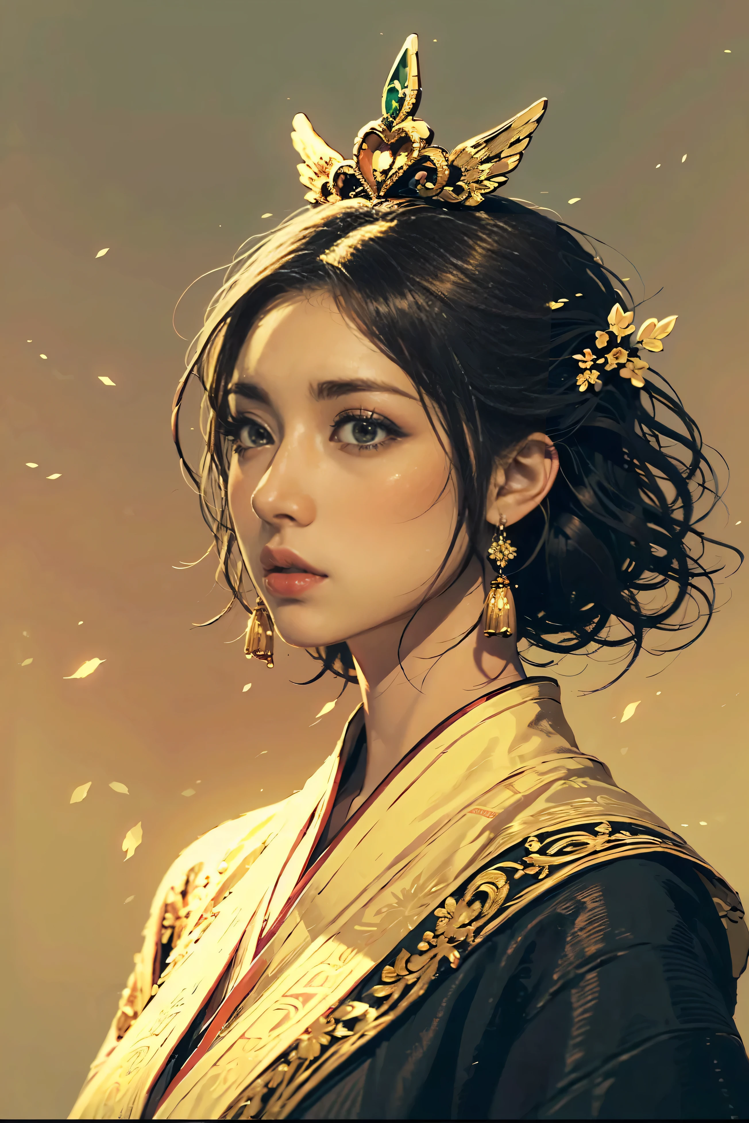  (bust up), a beautiful woman with modern facial features, K-beauty style face, soft skin, large expressive eyes, delicate nose and lips, gentle expression, wearing an ancient Chinese imperial hanfu, ornate crown and jade earrings, traditional colors and silk textures, cinematic lighting, warm golden tones, a soft blurred phoenix glowing in the sky behind her, dramatic movie poster composition, masterpiece, ultra-detailed, 8k 

