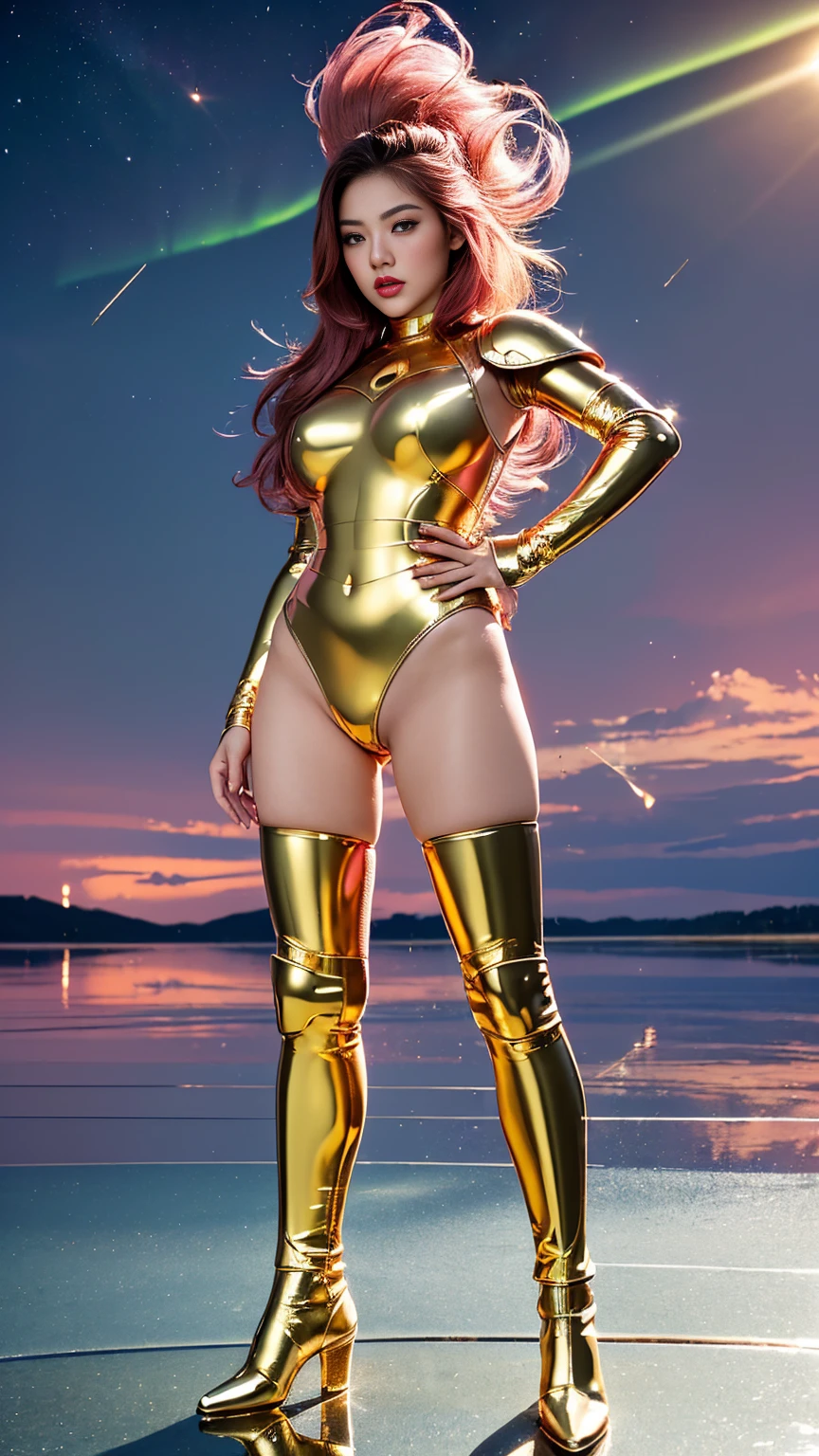 ((best quality)), ((masterpiece)), (ultra detailed lights), ((full body shot)), Award-winning photograph, ((ultra)), details)), teen goddess with pink curvy hair in ((upper body golden black armor)), neon color magic and sorceries in the background, a-cup breasts, teen breasts, ((pointy nipples)), ((transparent g-string)), ((full leg armor)), ((cameltoe)), from below