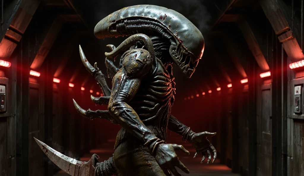  ((best quality)), ((masterpiece)), (detailed), an alien creature, humanoid, (gigeresque), (velociraptor form), pale, milk-white skin, translucent skin, smooth skin texture like a dolphin, no hair, round head, (bulbous head), (xenomorph head), (atrophied eye sockets), (smooth face), (bright prominent gums), (a long tongue like an elephant trunk coming out of the mouth with a squid-like beak at the tip), (protrusions along a skeletal ridged back), (breathing holes on the chest), a tail that splits into three tentacles, (walking on long skinny arms), where the legs would be is another set of arms that are used for grabbing, H R Giger, Clive Barker's The Thing, xenomorph, predator, Engineer, dinosaur, sci fi horror, cosmic horror 