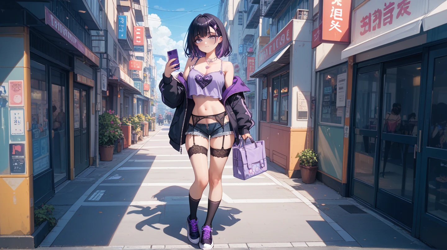 ((master part)), best quality, absurderes, ultra detaild, Holographic, cowboy shot, proportion Aurea, super cute girl, Madura, Idol girl, Super beautiful asian girl with very cute violet bright eyes, Beautiful multicolored bright brown hair, high ponytail, nice and sexy body, body skinny, perfectbody, bikini top, a super aesthetic mini transparent jacket, cute hair ornament, , being photographed in a mall store, pulling down shorts showing G-string panties, ((nsfw)), {{Lewd}}